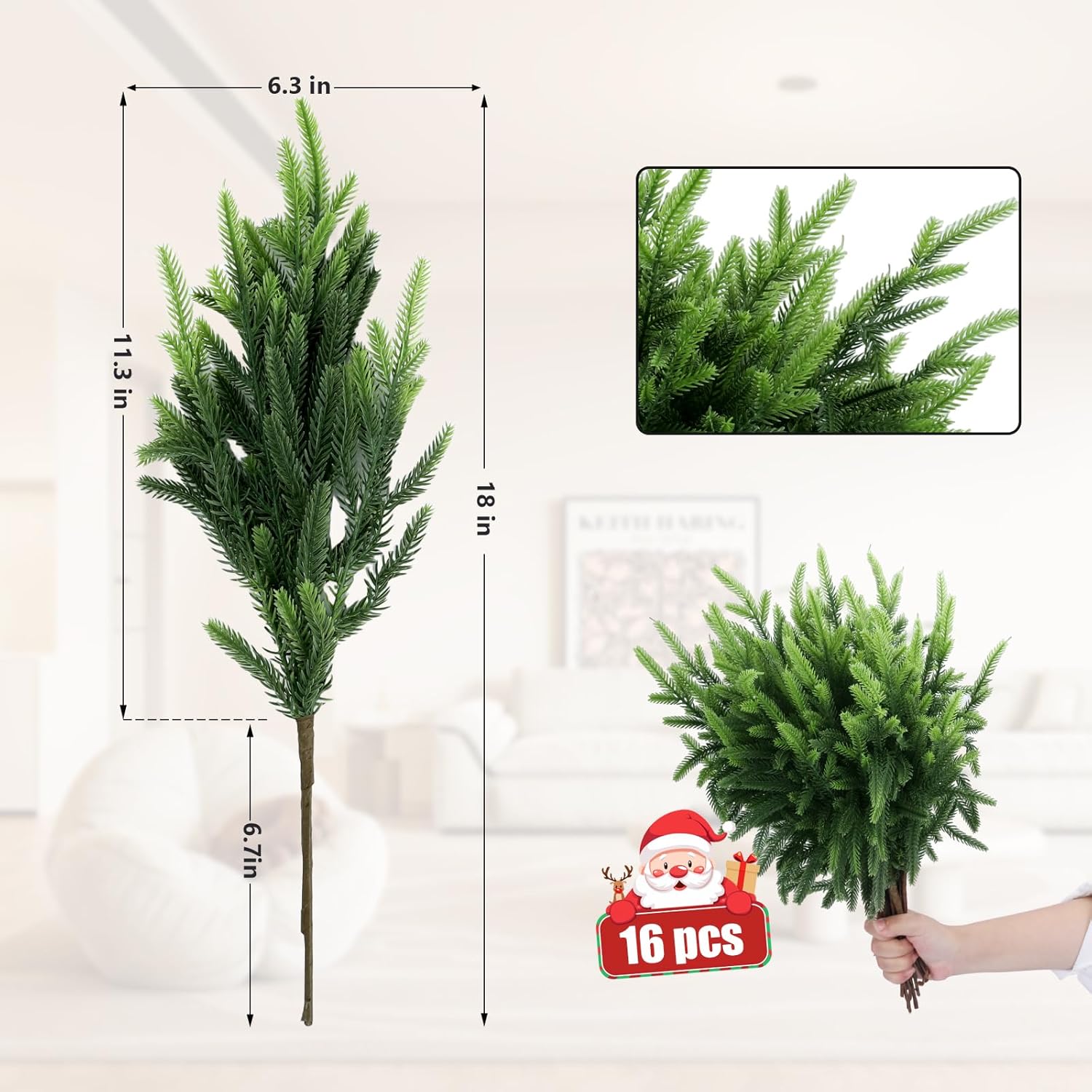 16 Pcs Realistic Norfolk Pine Stems, 18" Artificial Norfolk Pine Branches, Faux Christmas Greenery Evergreen Stems Picks for Vase DIY Crafts Christmas Green Decorations Indoor Home Décor