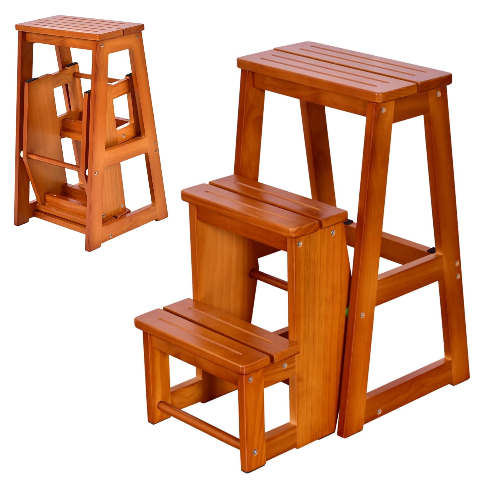 GYMAX 3 Tier Folding Step Stool for Kids and Adults, 3-in-1 Portable Wooden Stepladder, Foot Stools, Display and Flower Shelf (Brown)