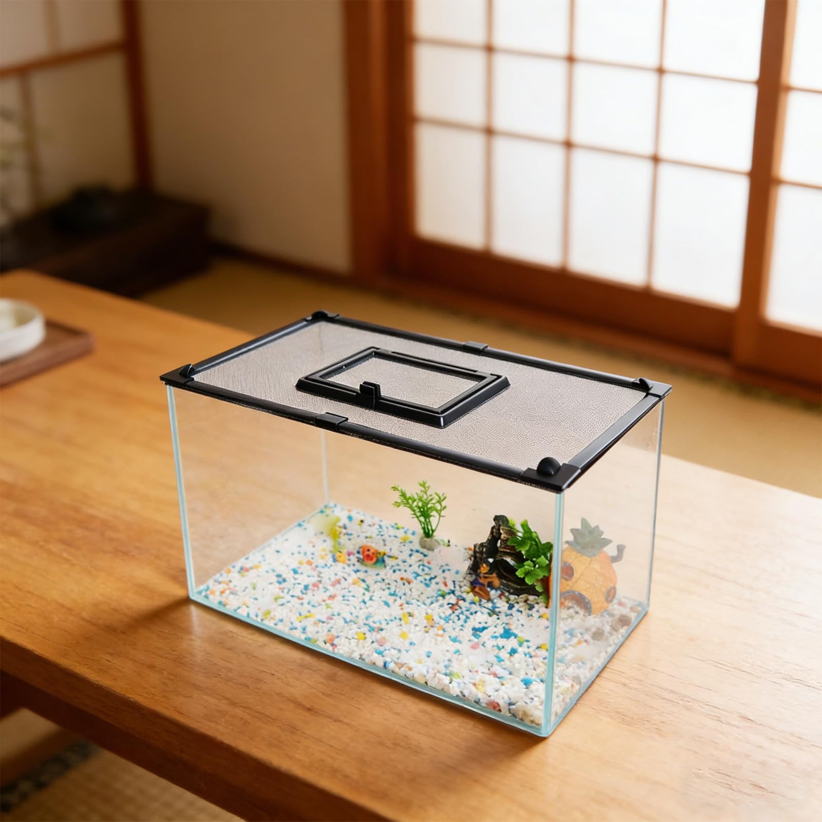 SHINEOFI Magnetische Aquarium Abdeckung und Einfach zu Reinigen aus PVC und Gummi mit Futteröffnung Schwarzes Anti Sprung Netz Staubdicht für Selbstgemacht Fisch und Reptilienschutz