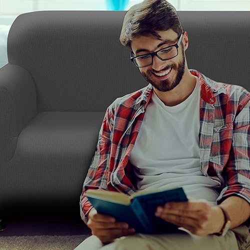 Miniatura 7 de Sapphire Home Juego de fundas de 3 piezas para sofá, sofá biplaza, sillón, ajuste elástico, sin arrugas, protector de muebles (gris oscuro)