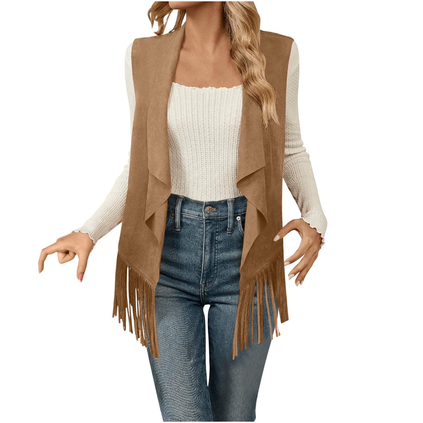 Womens Vests Outerwear Plus Size Fringe Suede Vest 70s Hippie Faux Western Jacket Tassel Sleeveless Cardigans