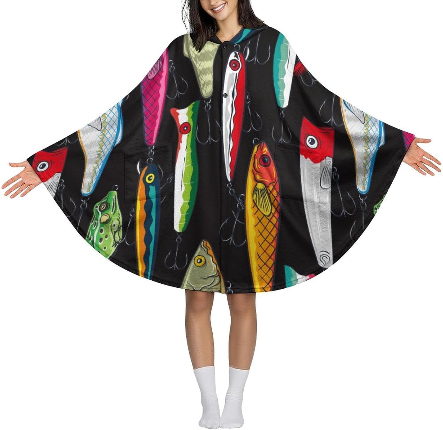 Colorful Fishing Bass Lures Pattern Wearable Blanket with Hooded Flannel Blankets Cape with Pocket