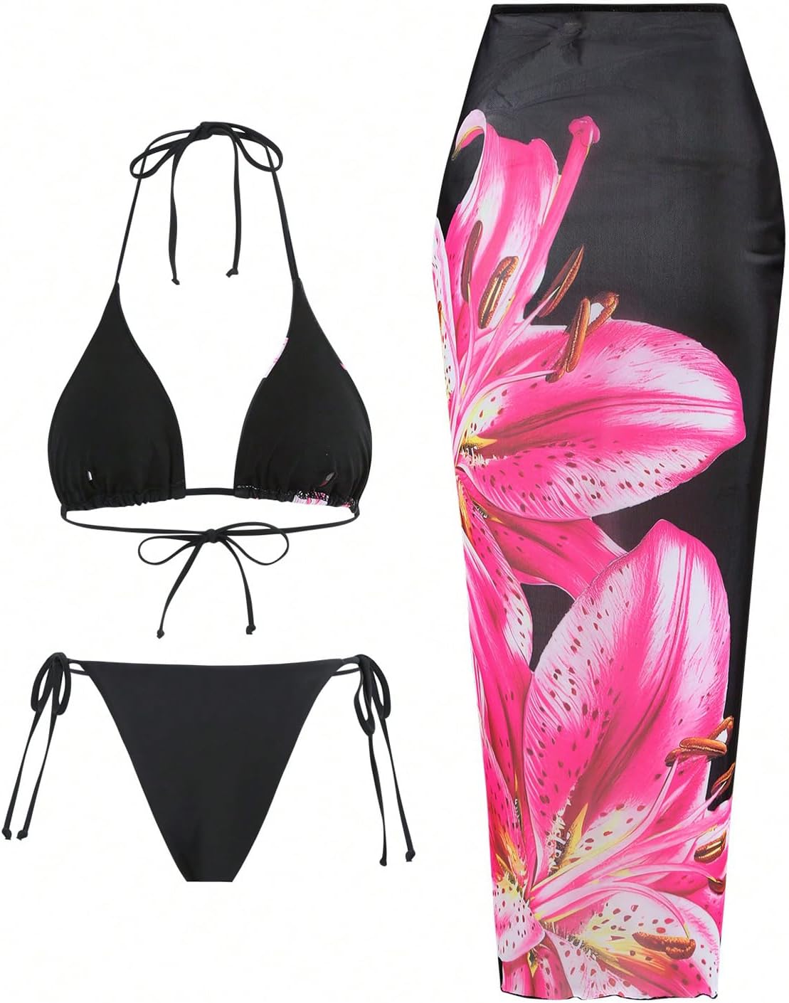 GORGLITTER Women's 3 Piece Swimsuits Floral Print Halter Triangle Tie Side Bikini Set with Cover Up Skirt - Image 2