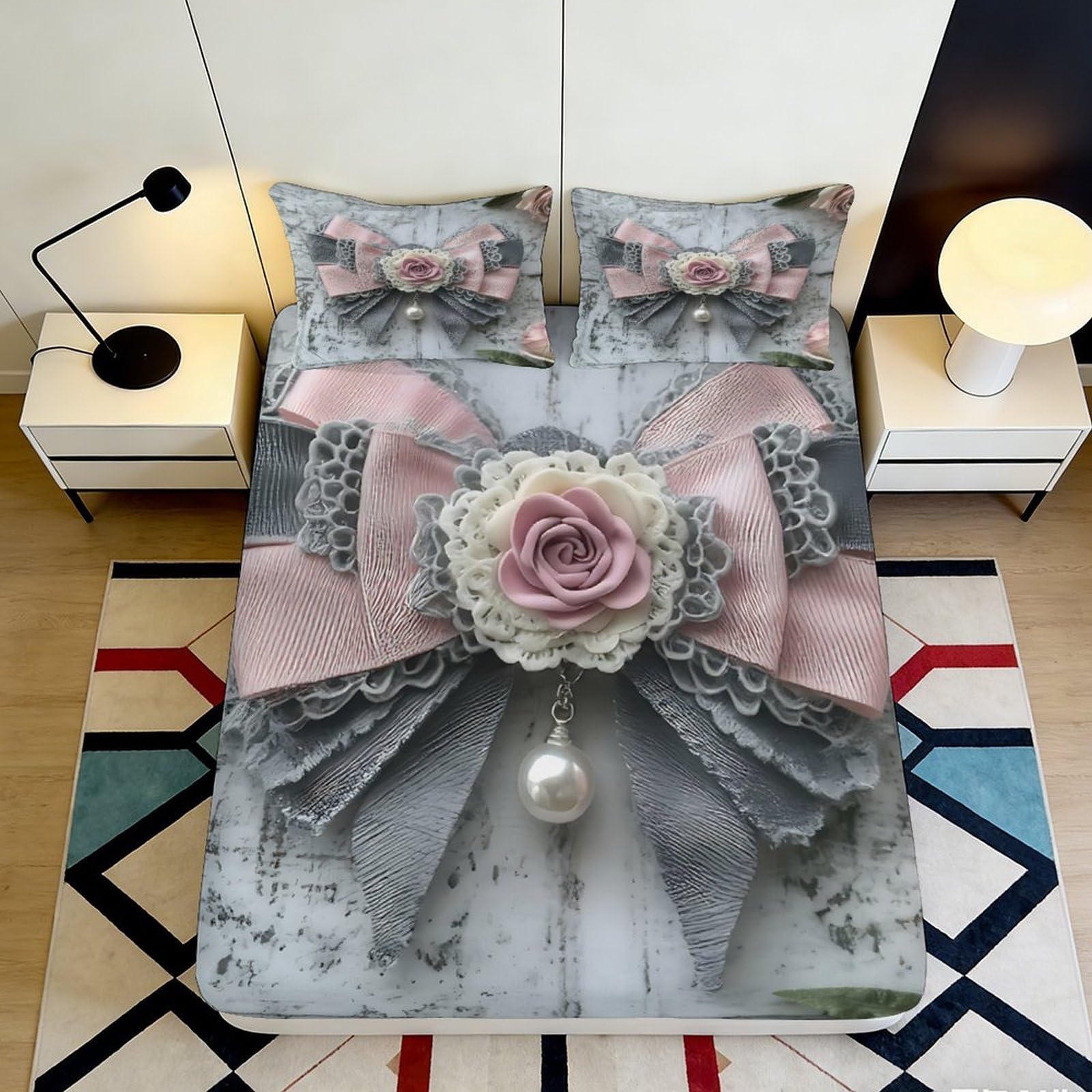 3D Printed Pink Ribbon Bow Fitted Sheet Microfiber Soft Grey Lace Rose Mattress Cover for Bedroom Dorm Decor 160x200x25cm
