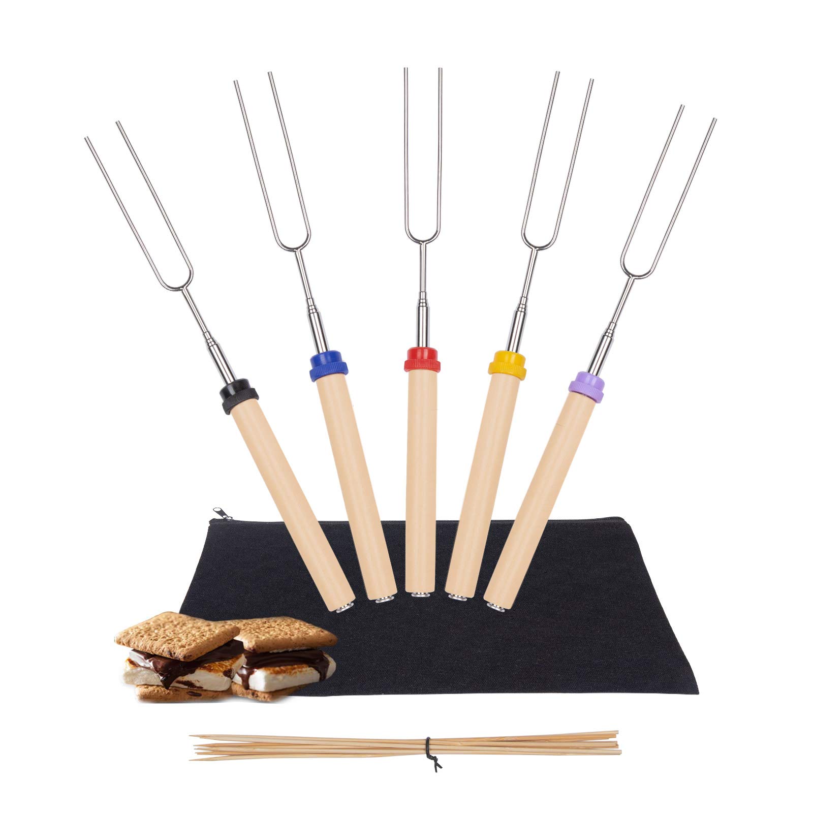 Y-meMarshmallow Roasting Sticks with Wooden Handle Extendable Forks Set of 5Pcs Telescoping Smores Skewers for Campfire Firepit and Sausage BBQ, 32 Inch