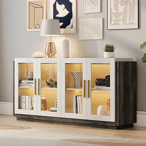 AMERLIFE Sideboard Buffet Cabinet, Accent Mixed Color Cabinet with LED Lights, Modern Glass Doors Storage Cabinet with Adjustable Shelf for Dining, Living Room, White&Grey