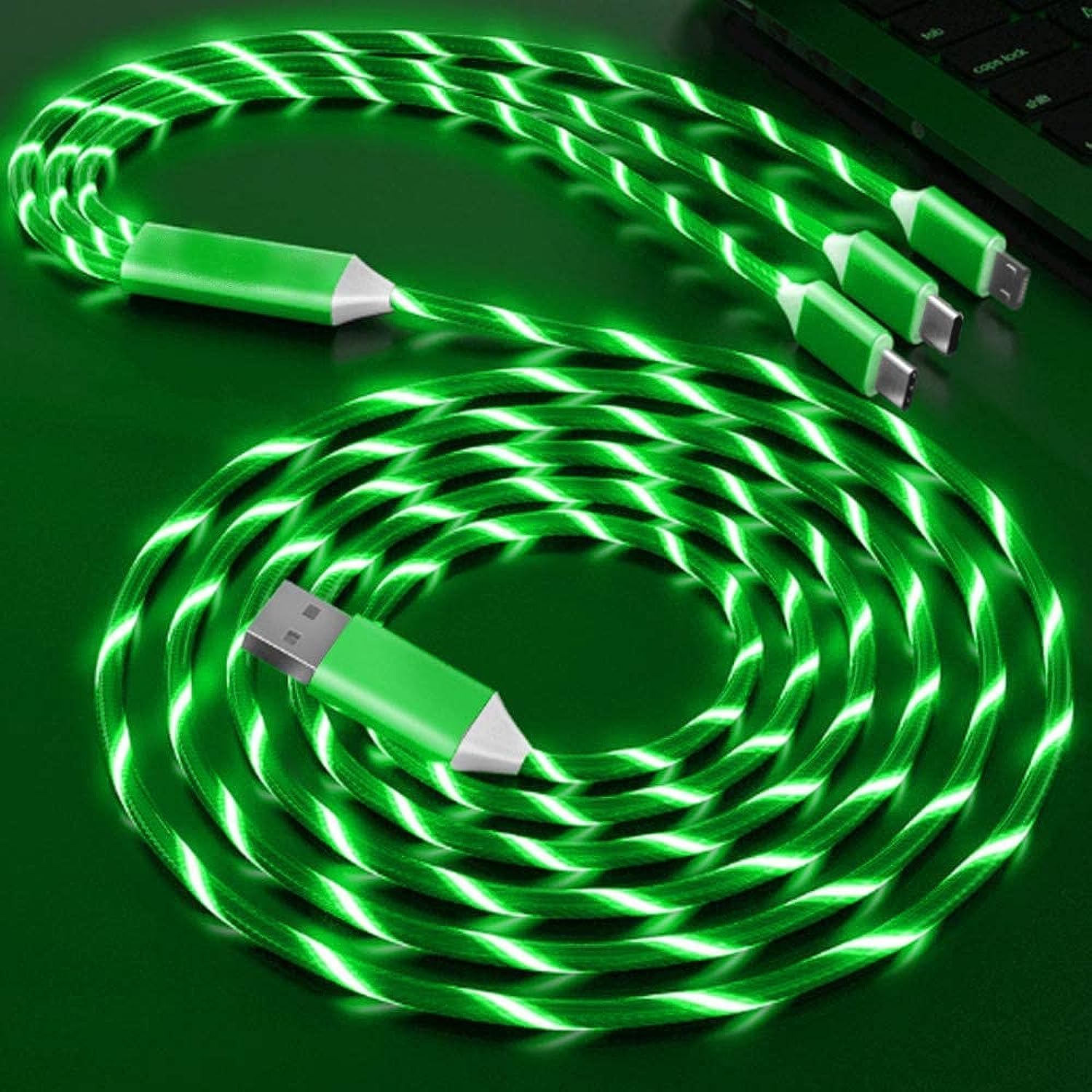 3 in 1 Multi Charging Cable Led Flowing Cable USB Connector Compatible With Android iPhone and Type C Charging Cable Supports Fast Charging Cable (Green)