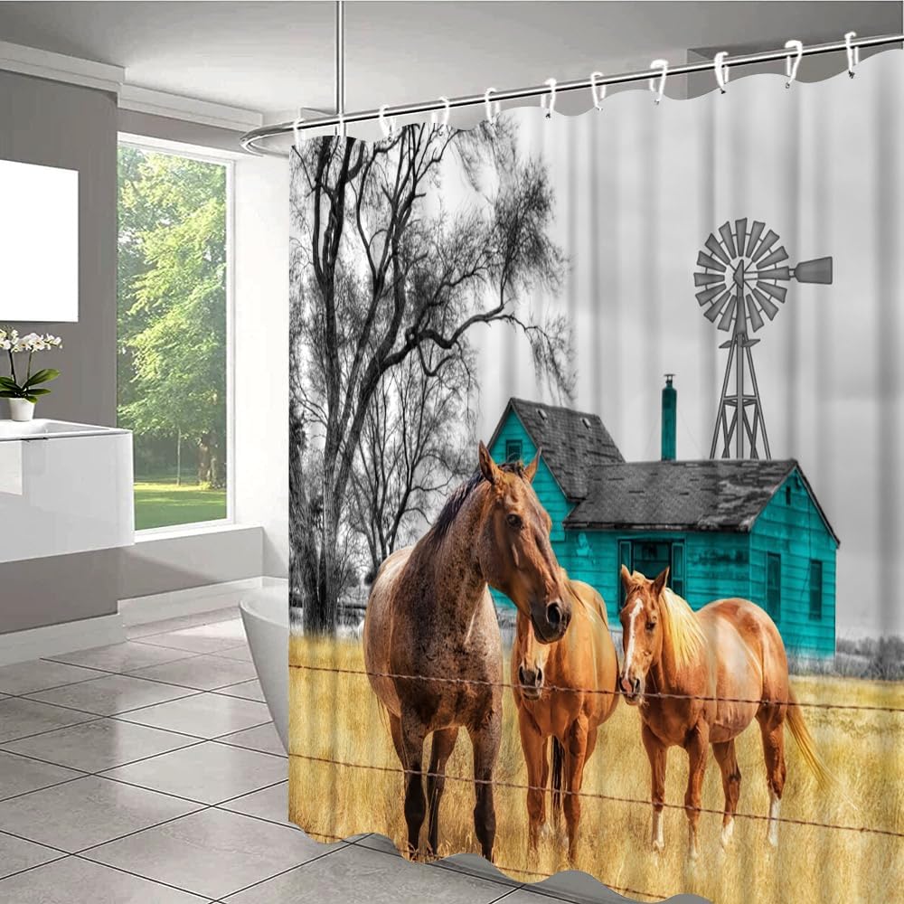 Horse Shower Curtain Farm Animal Windmill Barn Rustic Farmhouse Vintage Western Country Polyester Fabric Bathroom Decor Set with Hooks 90Wx70H Inch