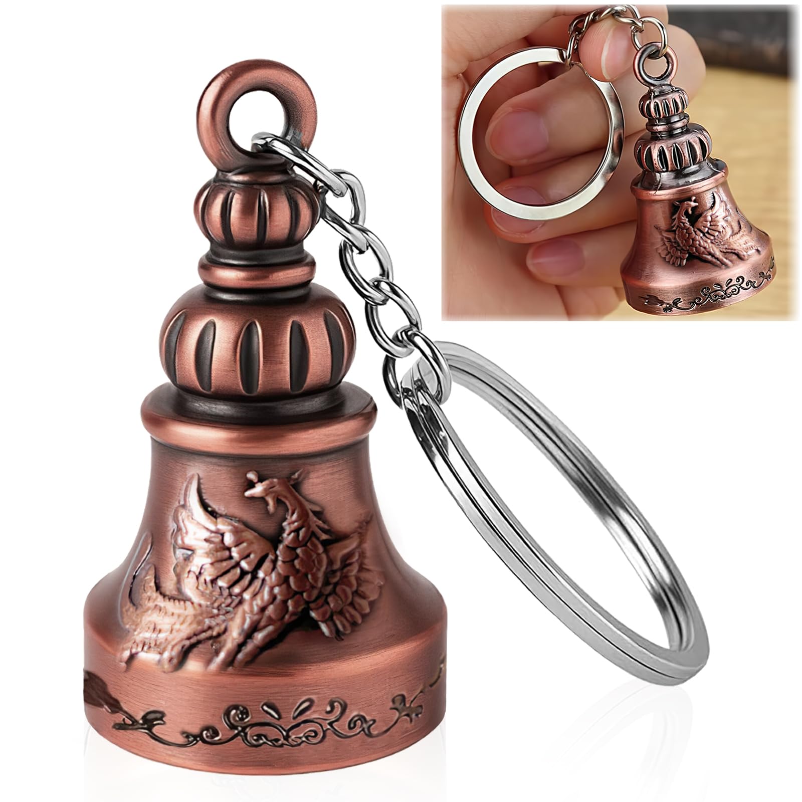 Guardian Bell Keychain for Bike，Motorcycle & Car – Brass Hindu Tibetan Style Lucky Charm, Good Luck Guardian Bell Key Chain for Protection and Rider Safety-image-9