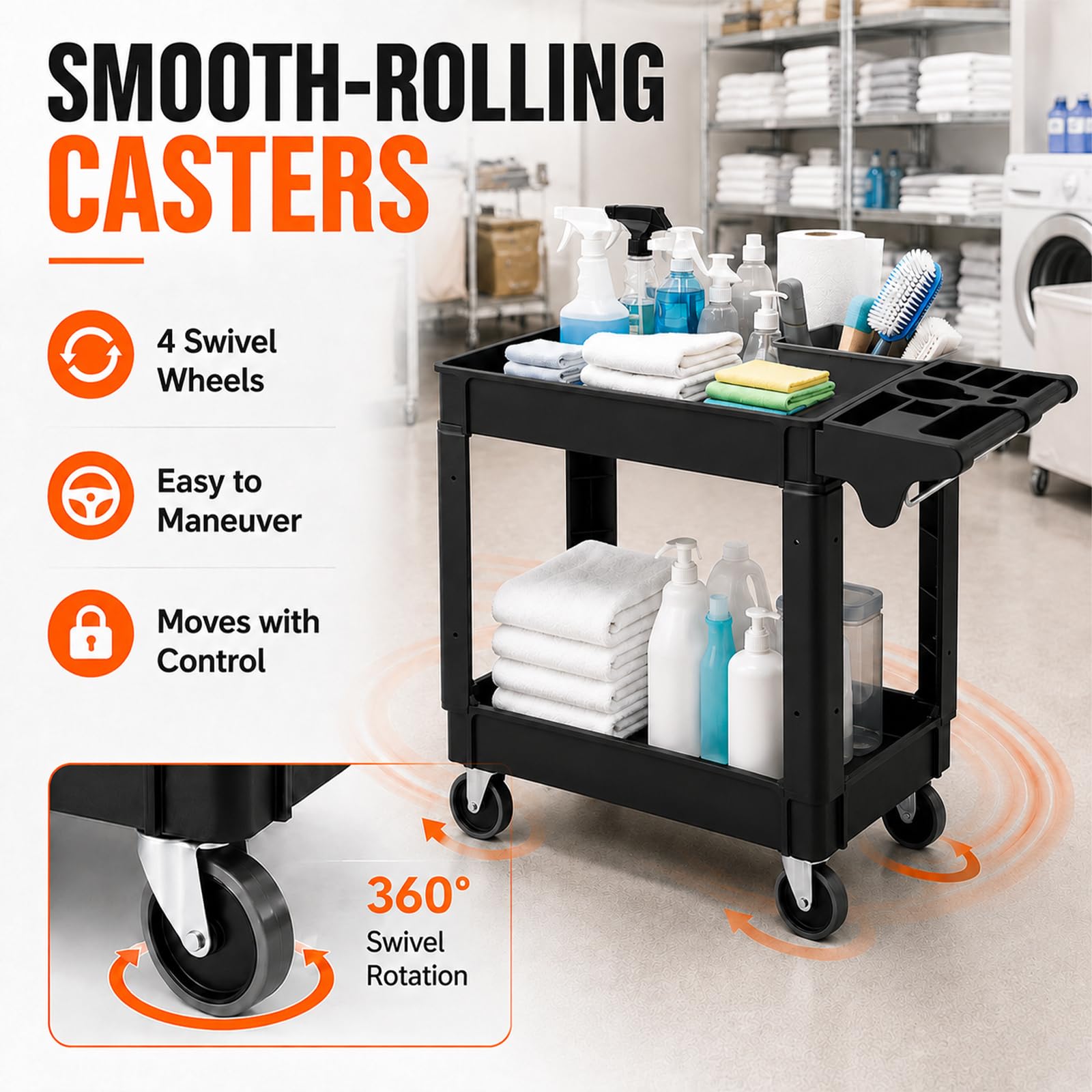 Carrito utilitario de plástico resistente, 40 x 17 x 34 pulgadas, carrito de servicio de 2 niveles con estantes profundos, ruedas giratorias completas, capacidad de 550 libras, carrito de