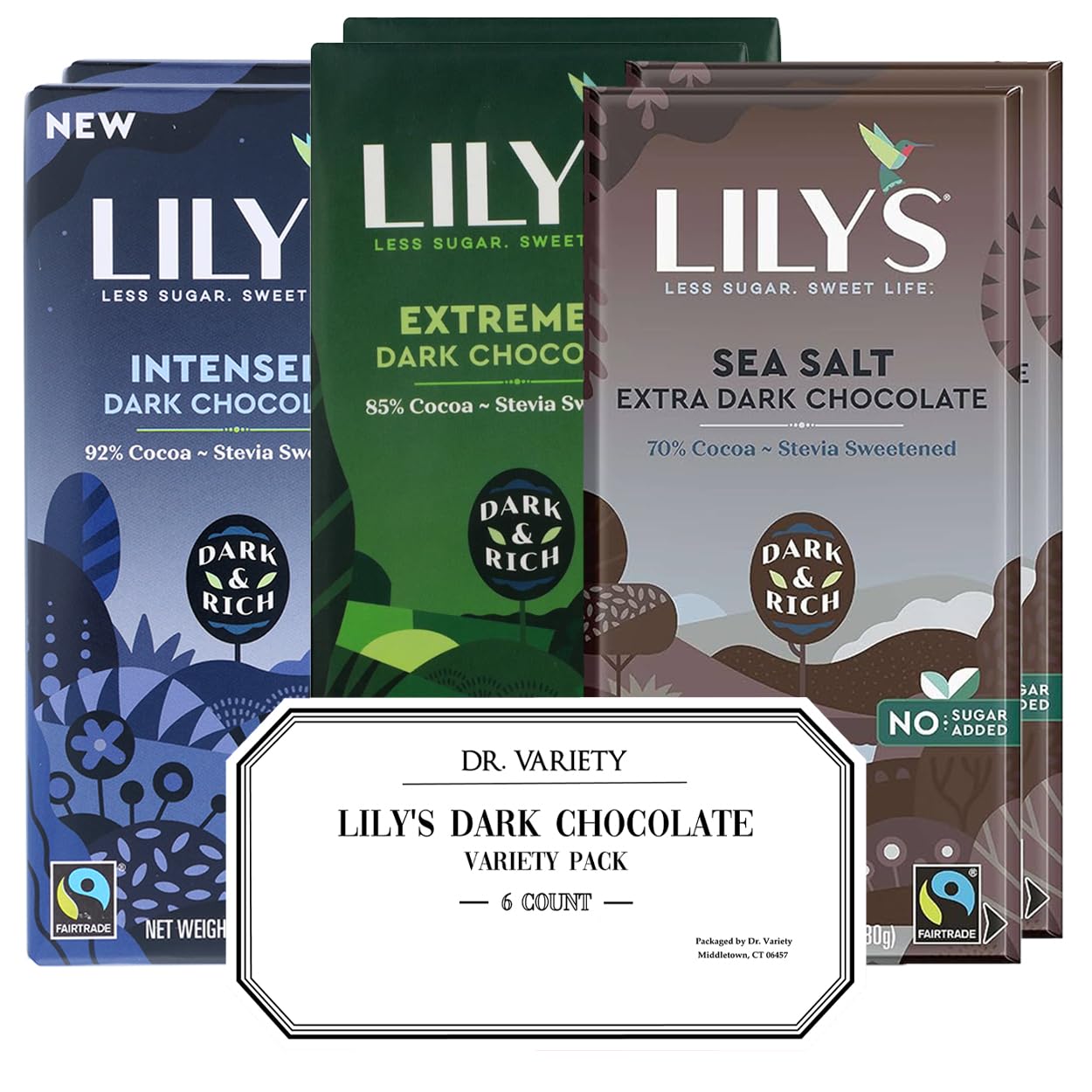 Lily's Dark Chocolate Bar Variety Sampler (6 Pack) - Stevia Sweetened, Added Sugar Free Dark Chocolate Bars - Includes 92% Intensely Dark, 85% Extremely Dark, and 70% Extra Dark Chocolate Sea Salt