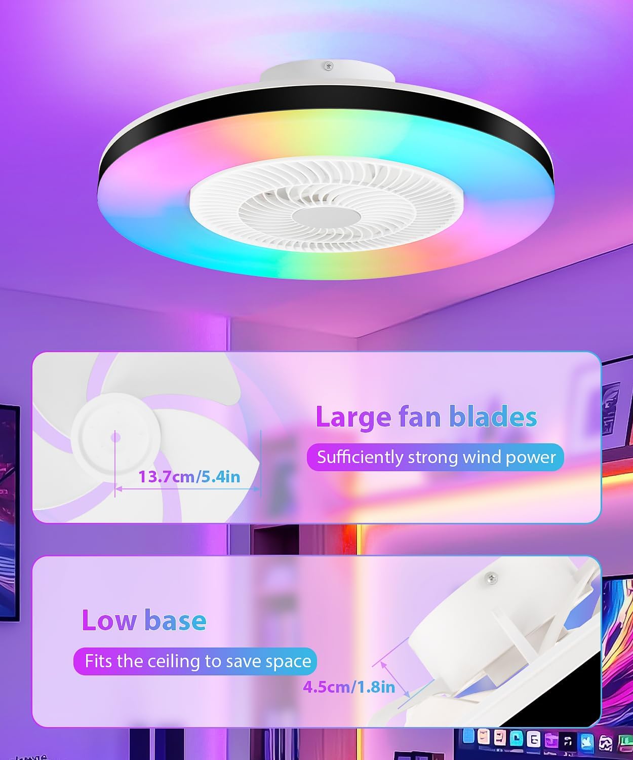 2-in-1 Low Profile Ceiling Fan with Light, 20” Caged Safety Design for Kids - RGB, CCT, Smart APP/Remote Control, Quiet Flush Mount DC Motor, Ideal for Bedroom/Living Room/Kitchen, Black&White