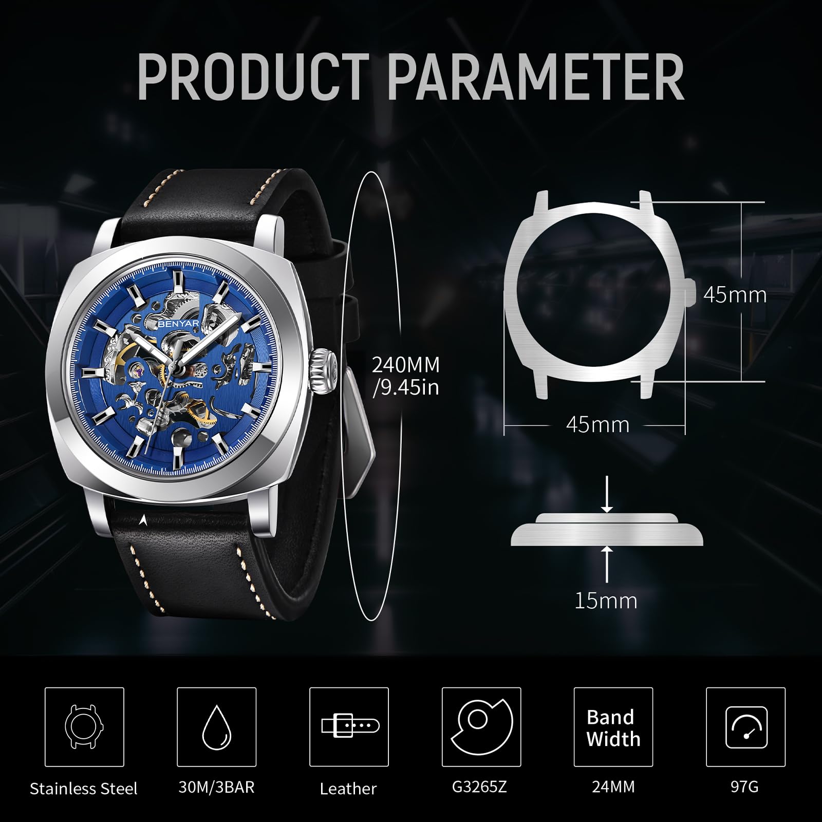 BENYAR - Orologio da uomo meccanico automatico, cinturino in pelle, movimento dorato, quadrante scheletro da 45 mm, resistente all'acqua e ai graffi, elegante regalo da uomo