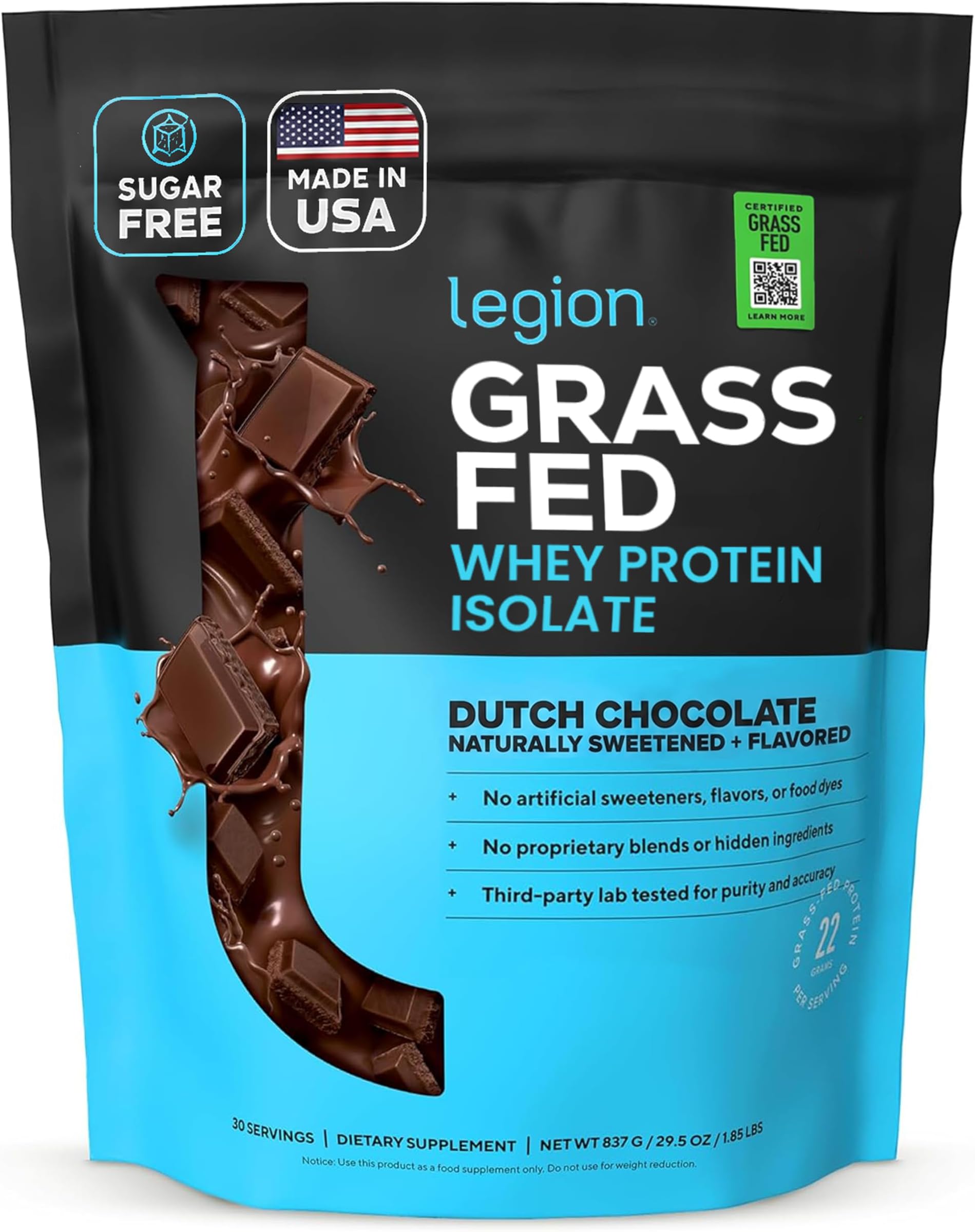 LEGION Whey+ Protein Whey Isolate from Grass Fed Cows (Chocolate, 30 Servings) - Whey Protein Isolate Powder Low Calorie, Non-GMO, Sugar Free, Lactose and Gluten Free, All Natural Protein Powder