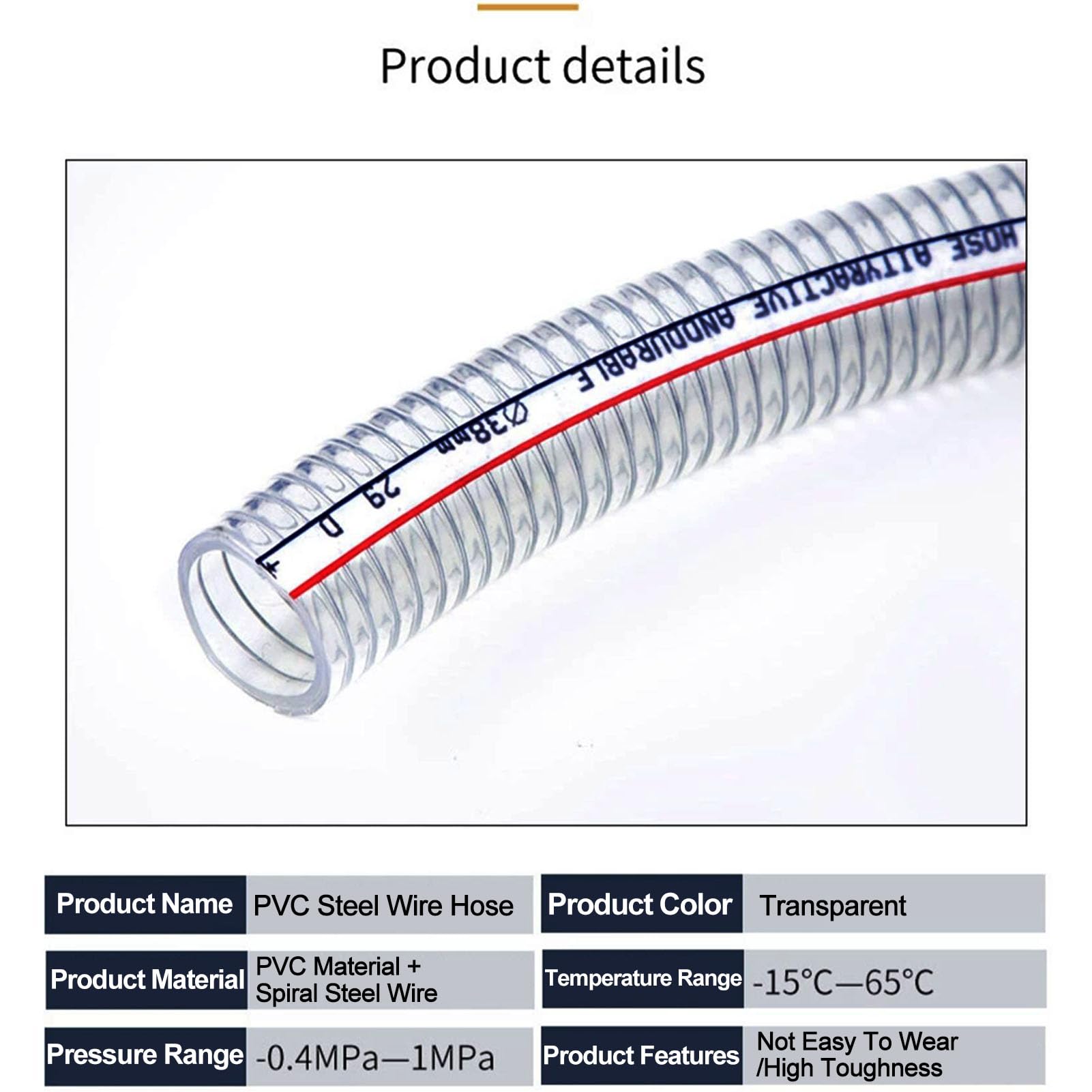 Tubo in PVC rinforzato con filo d'acciaio, Tubo flessibile in filo di acciaio PVC a bassa pressione, spessore della parete 5 mm, 3,28 piedi, misure multiple, confezione da(ID 40mm)
