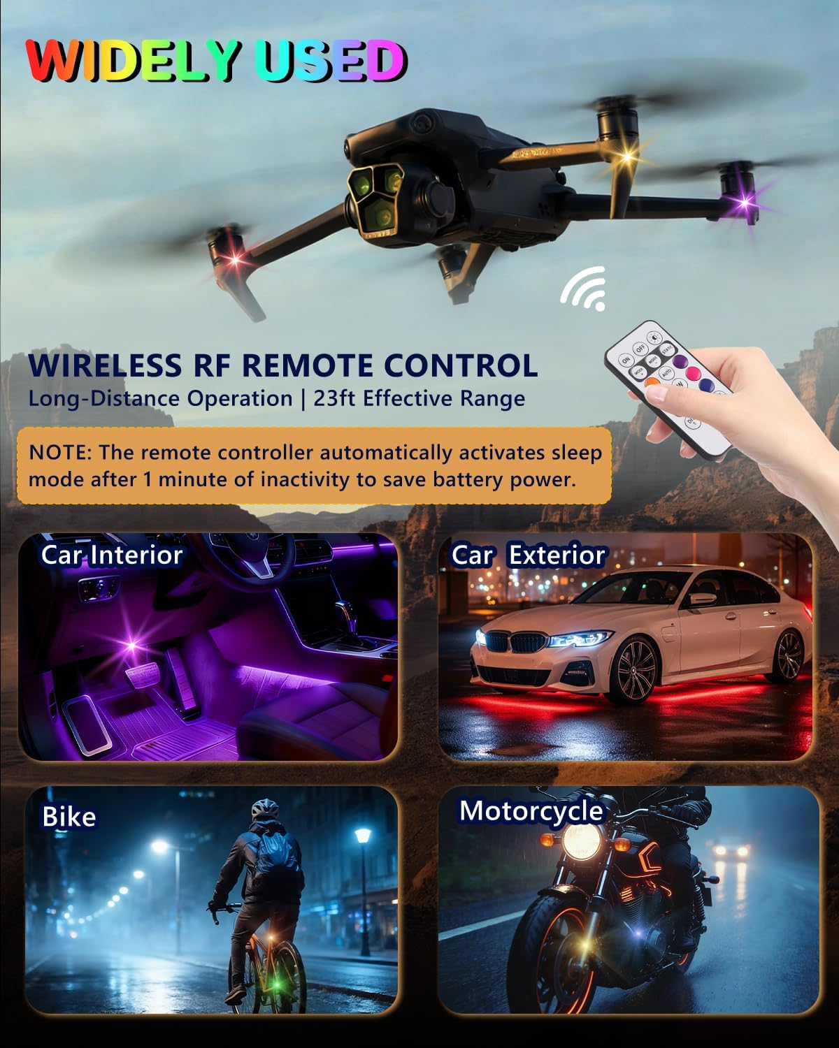 Upgraded 8PCS Wireless LED Lights for car with Remote, Rechargeable Waterproof 8-Color Interior Car Light, Mini LED Strobe Lights for Vehicle Drone Motorcycle Bike