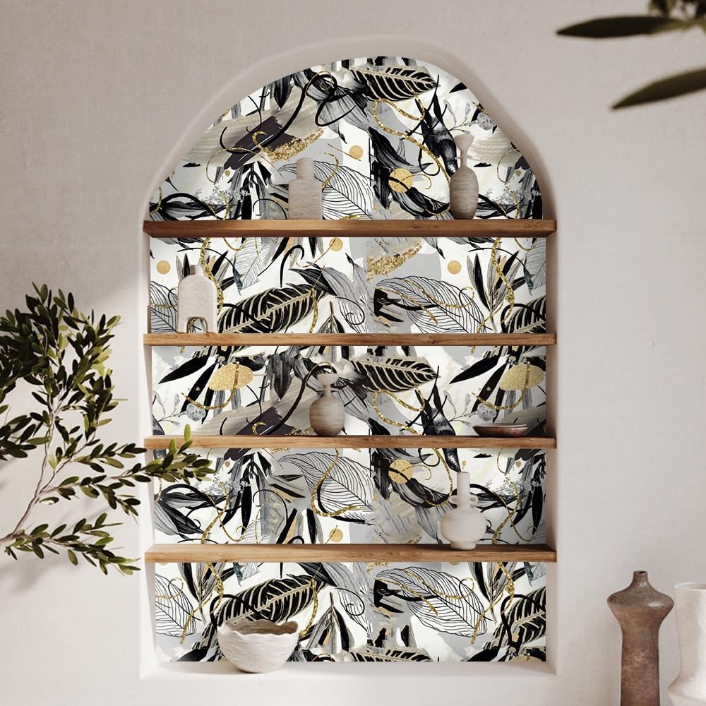 17.7"x118" Vintage Black Gold Leaf Wallpaper Tropical Palm Wallpaper Self Adhesive Waterproof Jungle Forest Leaves Contact Paper Wall Paper Murals for Bedroom Living Room TV Sofa Background Home