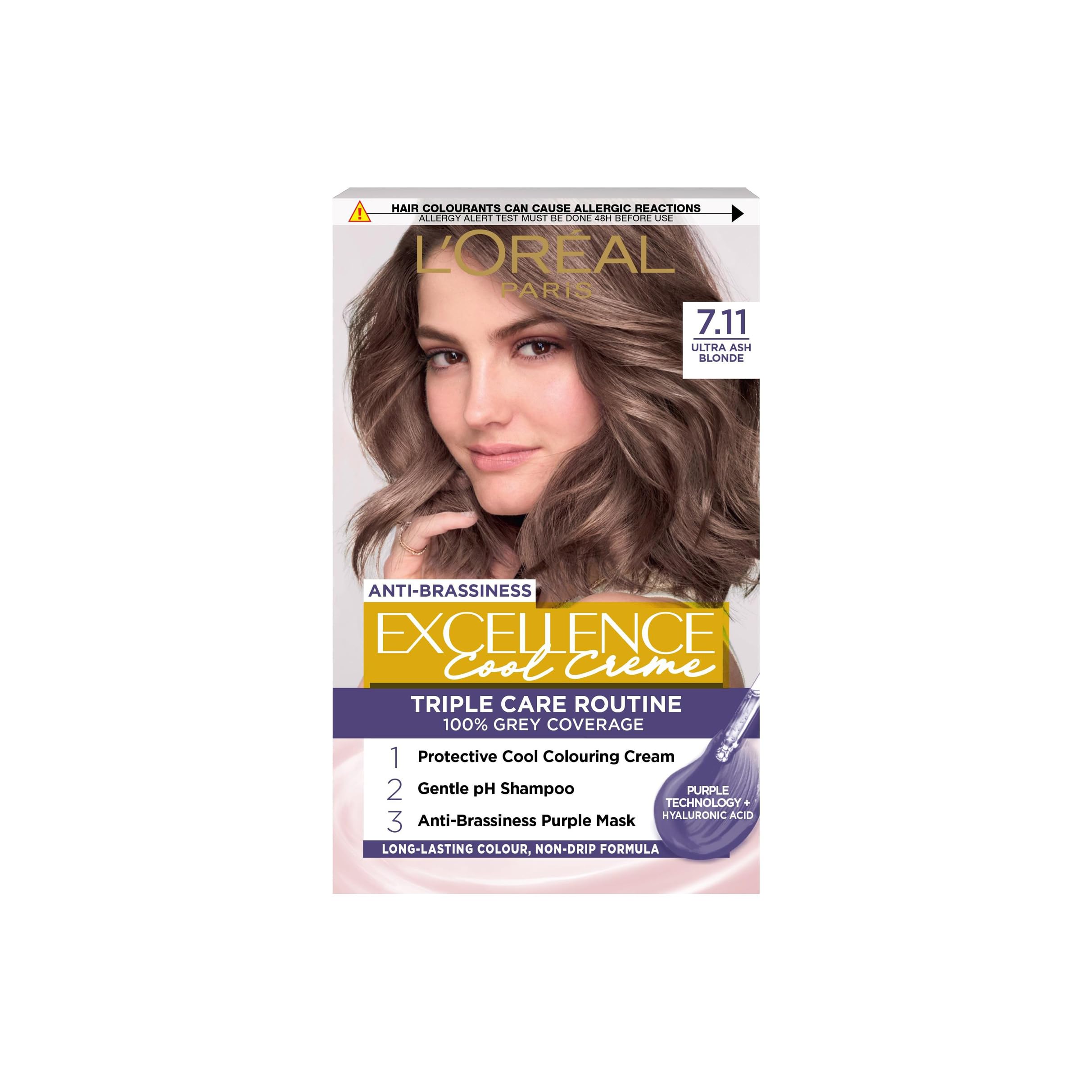 L'Oréal Paris Excellence Cool Crème Permanent Hair Dye, Radiant At-Home Hair Colour with up to 100% Grey Coverage, Pro-Keratin, Up to 8 Weeks of Colour, Colour: 7.11 Ultimate Ash Blond