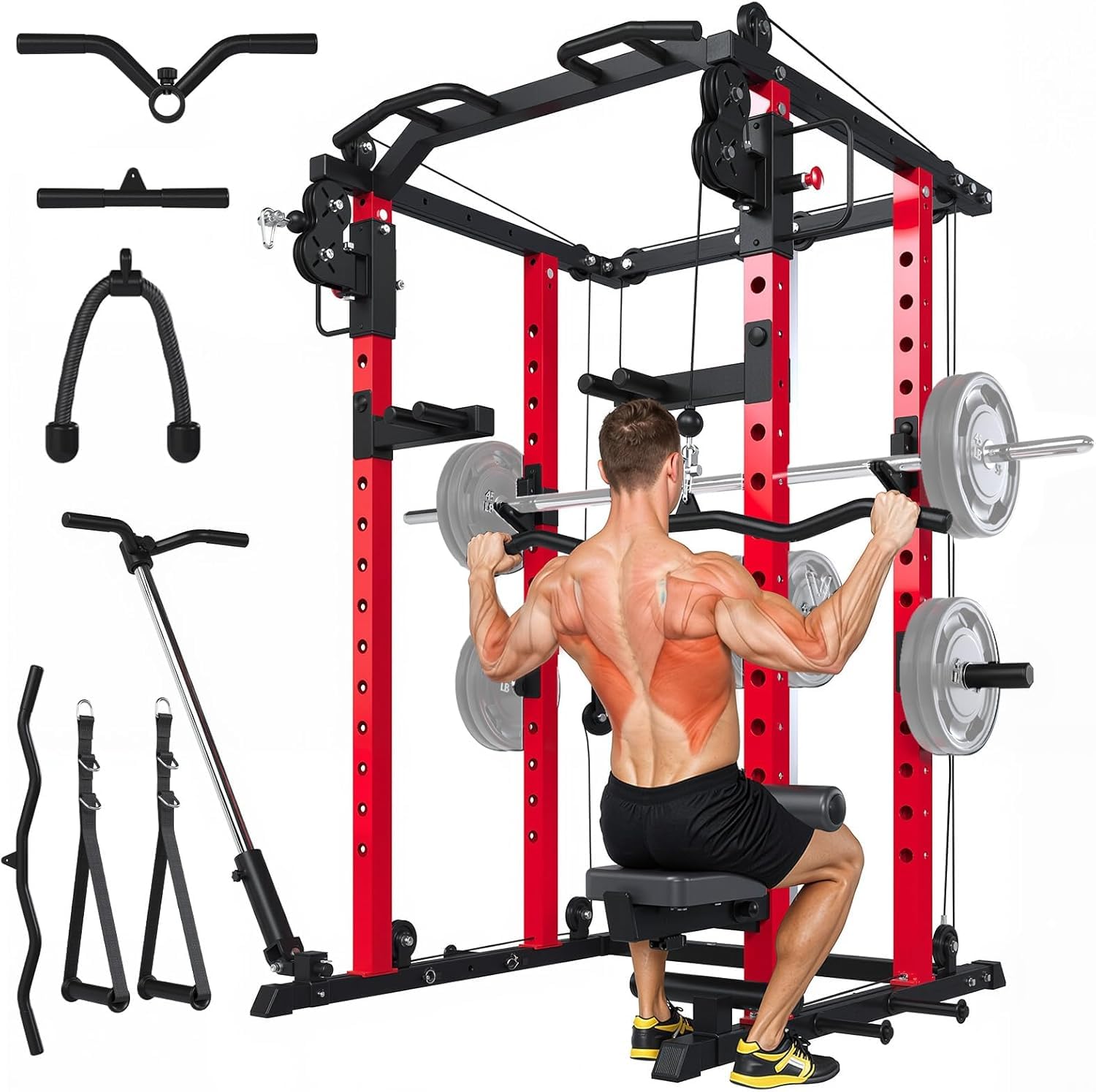 YODOLLA Power Cage 907 kg, Power Rack mit Bankdrück-Funktion, Latzug & Doppel-Kabelzug für Zuhause, All-in-One Kraftstation für Home Gym & Garage