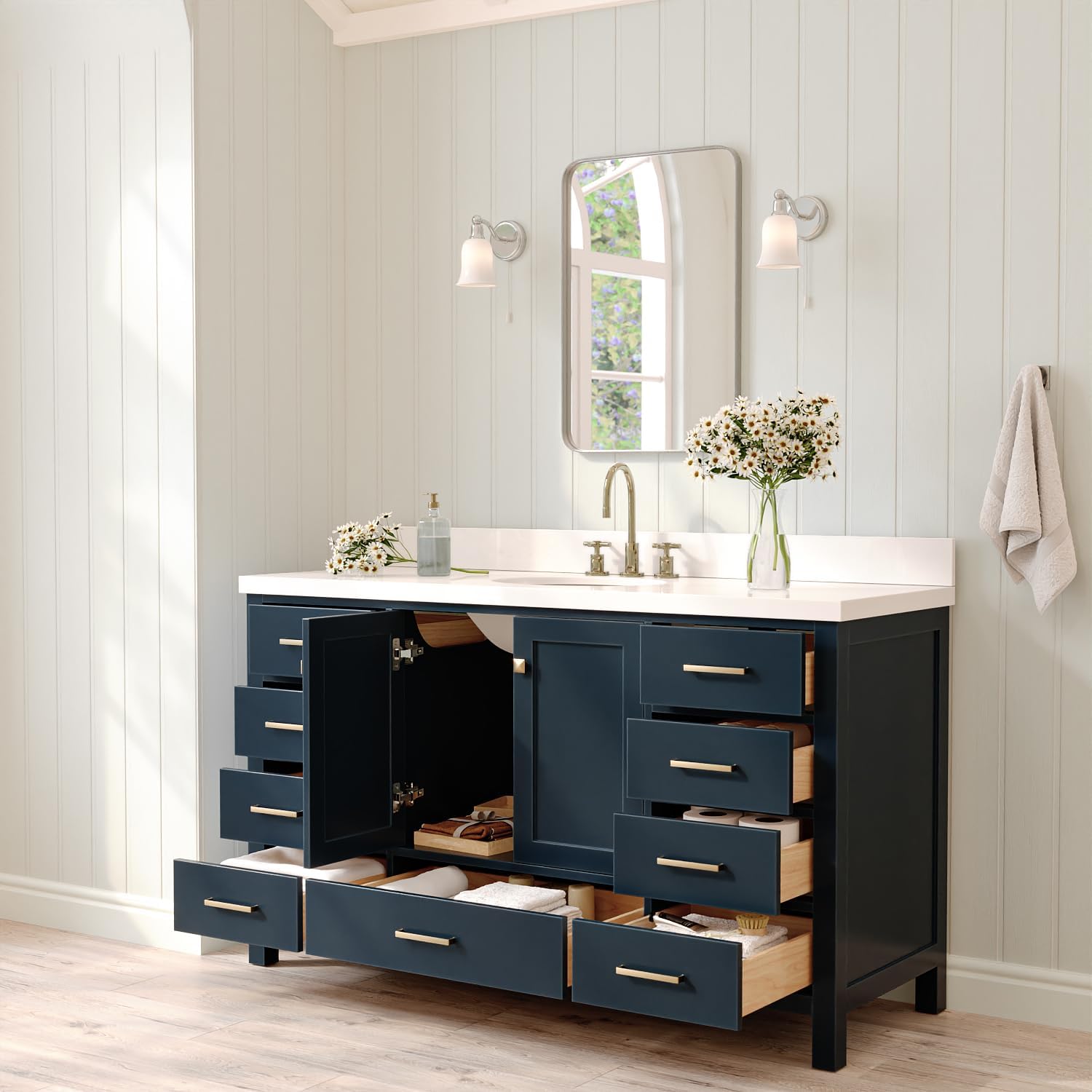 ARIEL Cambridge 60-inch Bathroom Vanity with Sink,Solid Wood, 1.5-inch Pure White Quartz Countertop & Backsplash, Single Oval Porcelain Sink, 2 Soft Closing Doors, 9 Dovetail Drawers, Midnight Blue