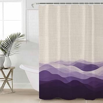 Purple Beige Ombre Shower Curtain, Stall Shower Curtains for Bathroom/Bathtub, Minimalist Ocean Waves Linen Waterproof Fabric Shower Curtain Set with 12 Hooks, 48" x 72"