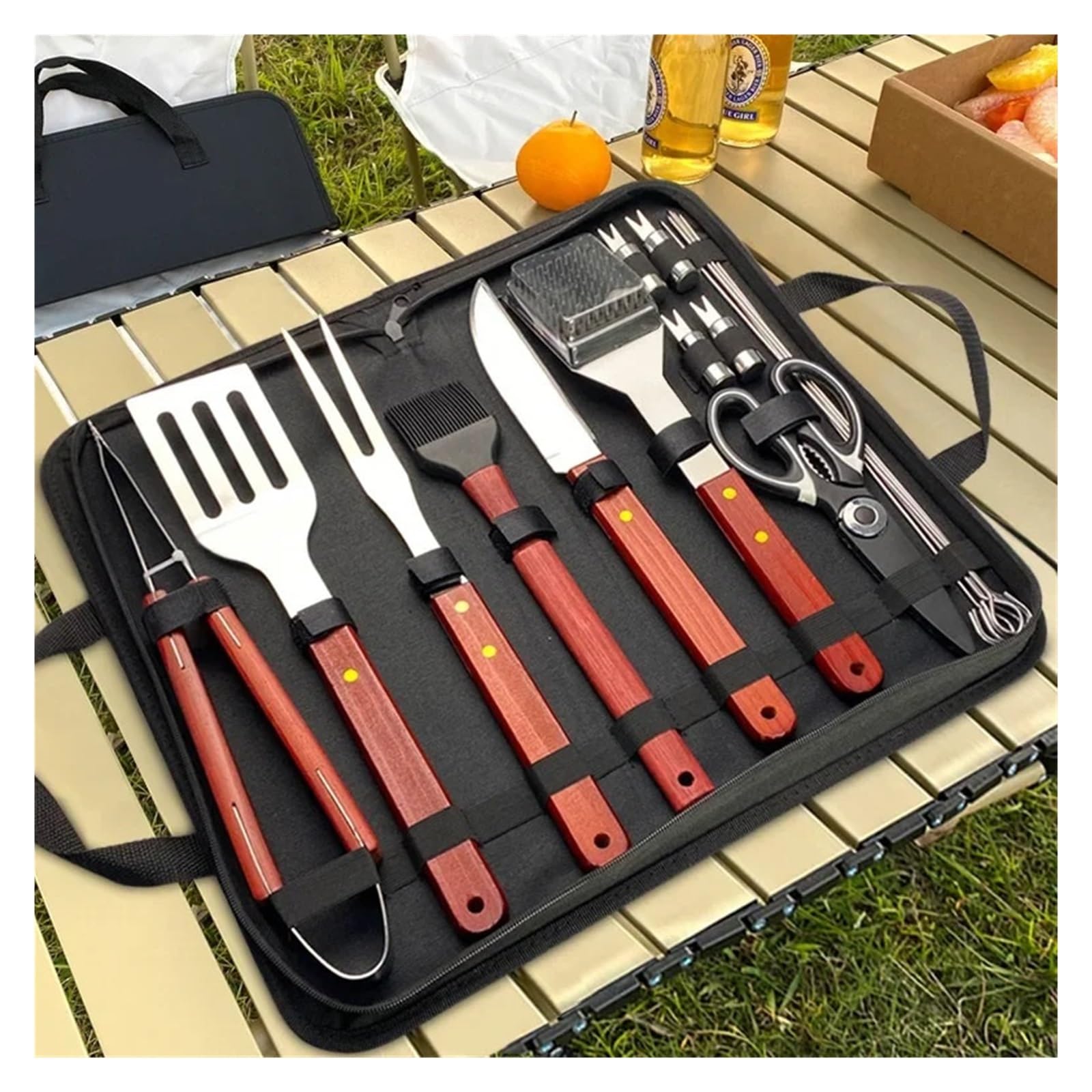 Generisch Outdoor-Camping-Grillbesteck-Set aus Edelstahl mit Holzgriff, bestehend Grillgabel, Schaufel und Klemme(18-piece Baking Set PE1)