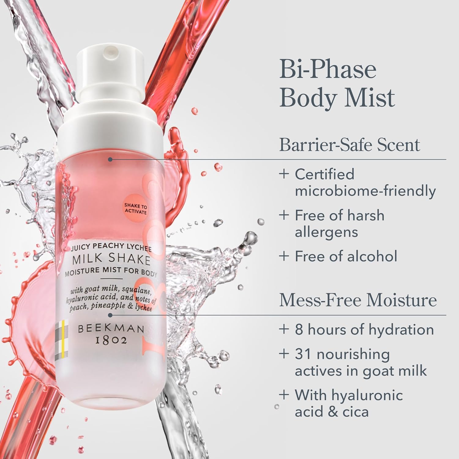Beekman 1802 Milk Shake Hydrating Body Mist – Alcohol-Free Moisture with Goat Milk, Hyaluronic Acid & Squalane, Lightweight Skin Softening Spray for Sensitive Skin – Juicy Peachy Lychee, 2 Fl Oz