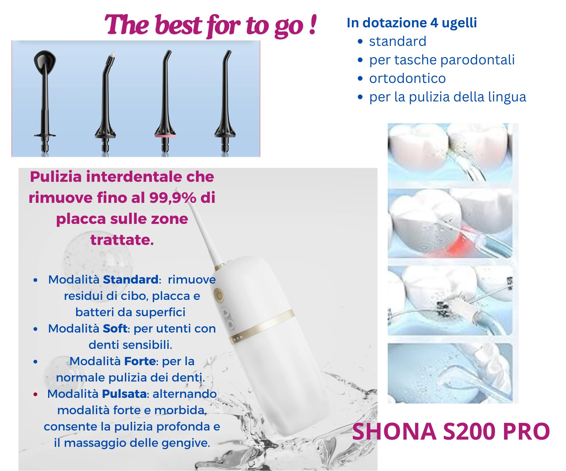 Irrigador dental portátil inalámbrico SHONA S200 PRO 4 modos 3 intensita para el cuidado perfecto y la limpieza de la cavidad bucal