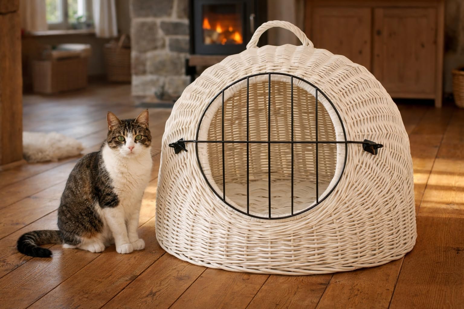 Weidenkorb Korbhöhle mit Gitter und Tragegriff – Abmessungen 50x40x45 cm – Transporthöhle – Weiße Farbe – Hersteller – Transporter ohne Kissen