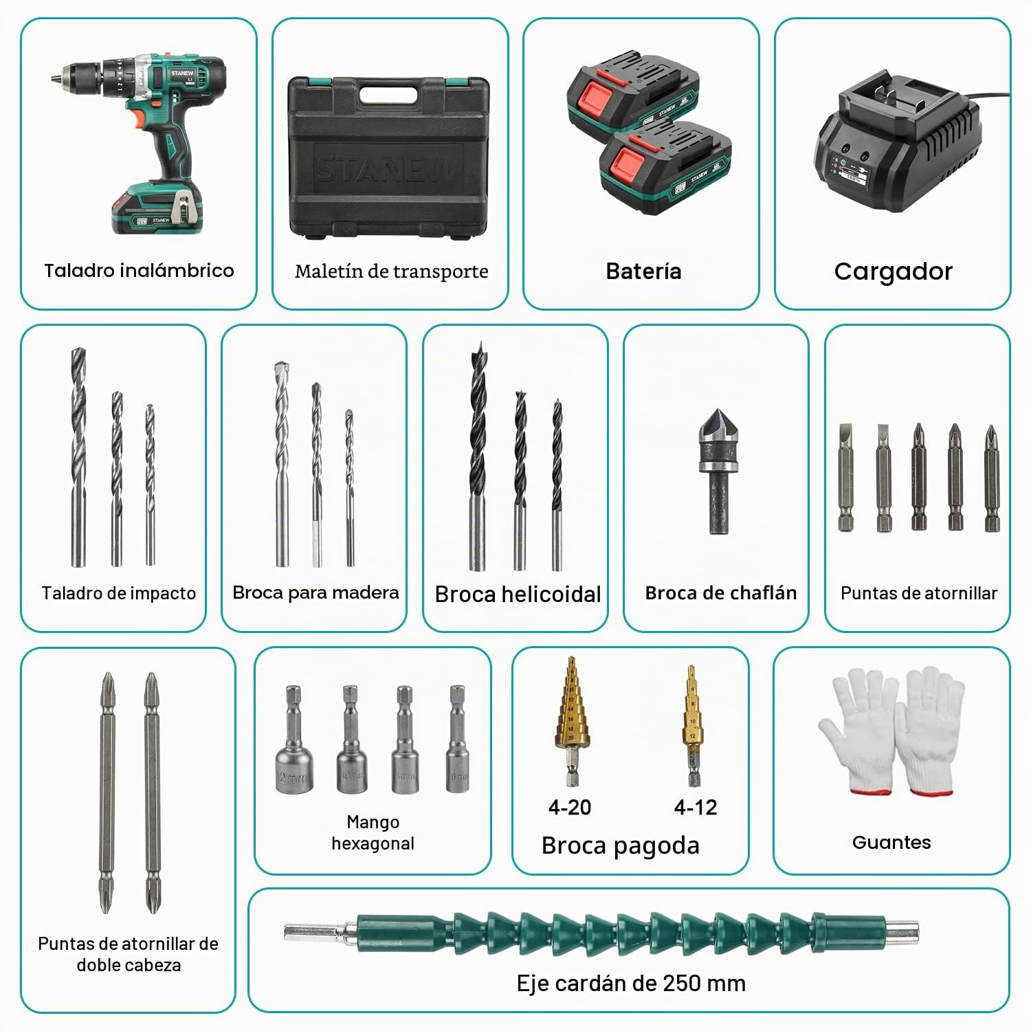 STANEW Taladro Percutor a Bateria 20V, Taladro Atornillador 2x2.0Ah Baterías, 35Nm, 18+3 Ajuste de Par, 2 Velocidad, 24 Accesorios, LED Luz Para Hogar, Bricolaje