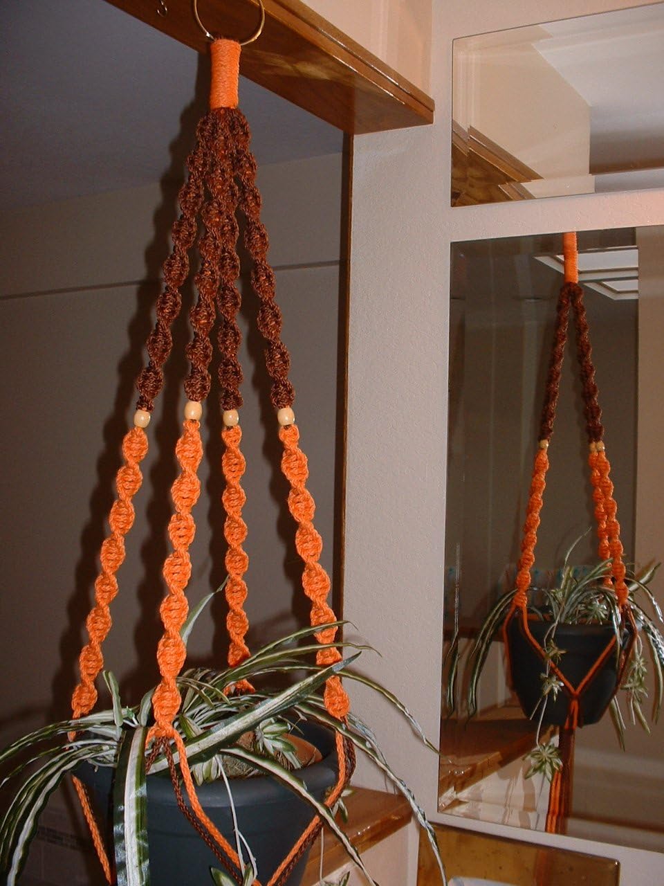 Macrame Plant Hanger CHOCOLATE AND ORANGE 4 BEADS MADE IN USA