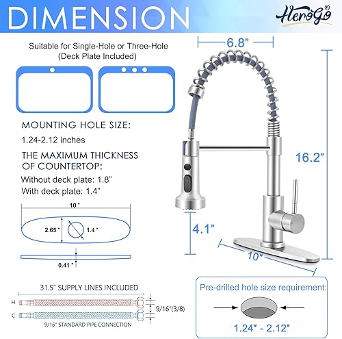 Miniatura 2 de Herogo Grifos de cocina con dispensador de jabón de níquel cepillado, acero inoxidable, grifo de resorte extraíble comercial con rociador extraíble,