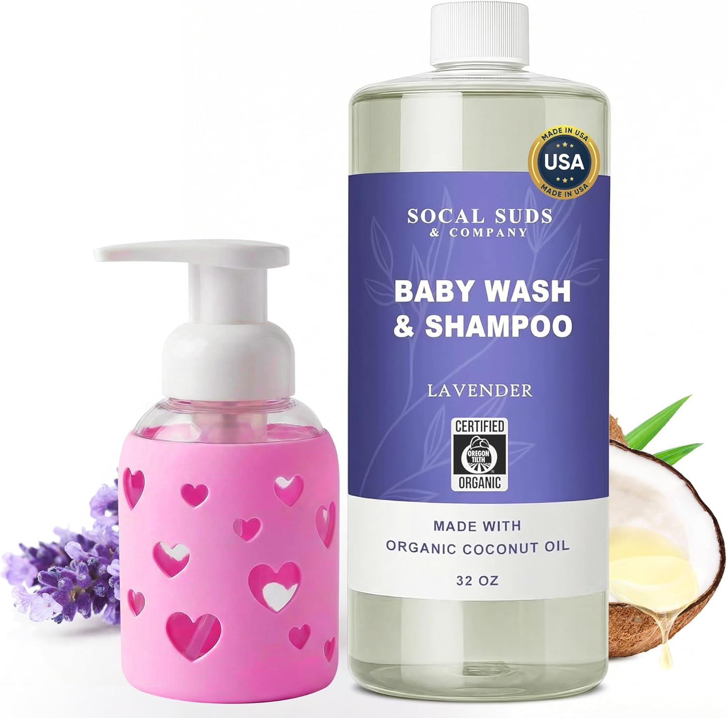 SoCal Suds & Company - 2-in-1 Organic Foaming Baby Shampoo & Body Wash Castile Soap Refill, Lavender - 32oz & Foaming Hand Soap Dispenser Glass, Soap Pump with Heart Silicone Sleeve, Bright Pink - 8oz