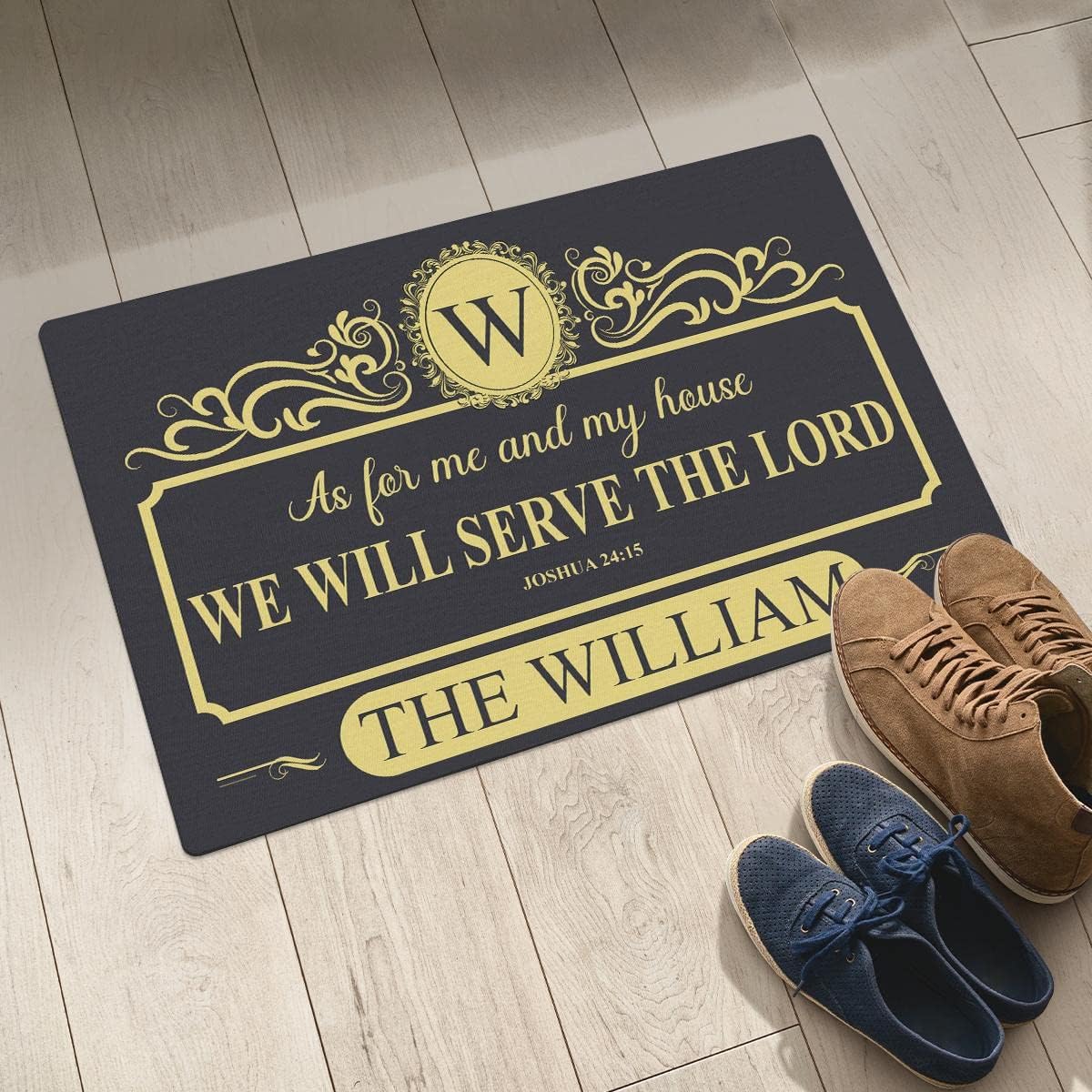 Custom Family Name Doormat - Personalized As for Me and My House We Will Serve The Lord Decorations Door Mat for Indoor Outdoor - Rubber Rugs for Inside Outside - Available in 3 Side, Blue, X-Large