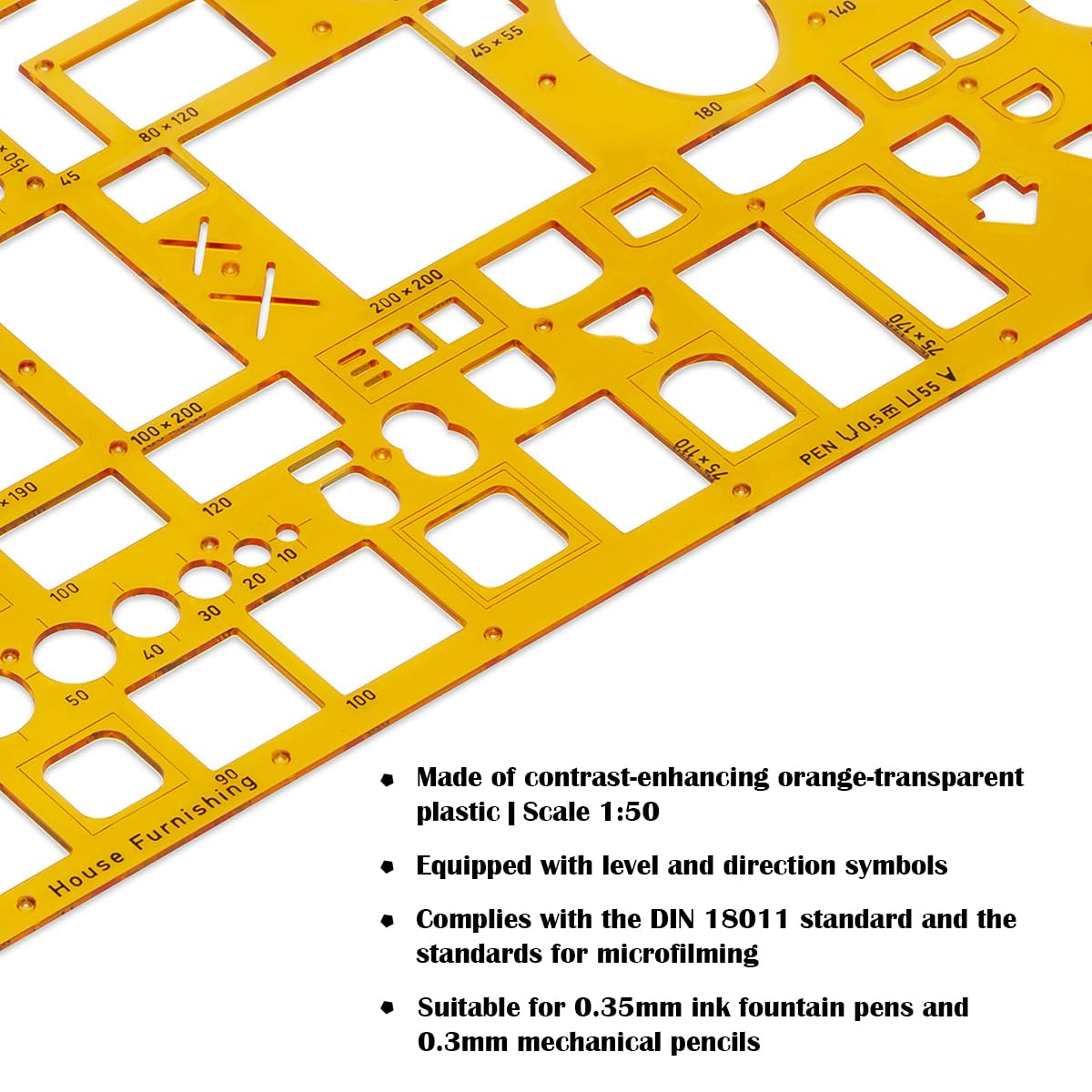 Aristo AR5063 Stencil per mobili da architetto (1:50, esposizione di piani di arredamento, gommini di inchiostro, plastica PET dimensionalmente stabile), arancione/trasparente