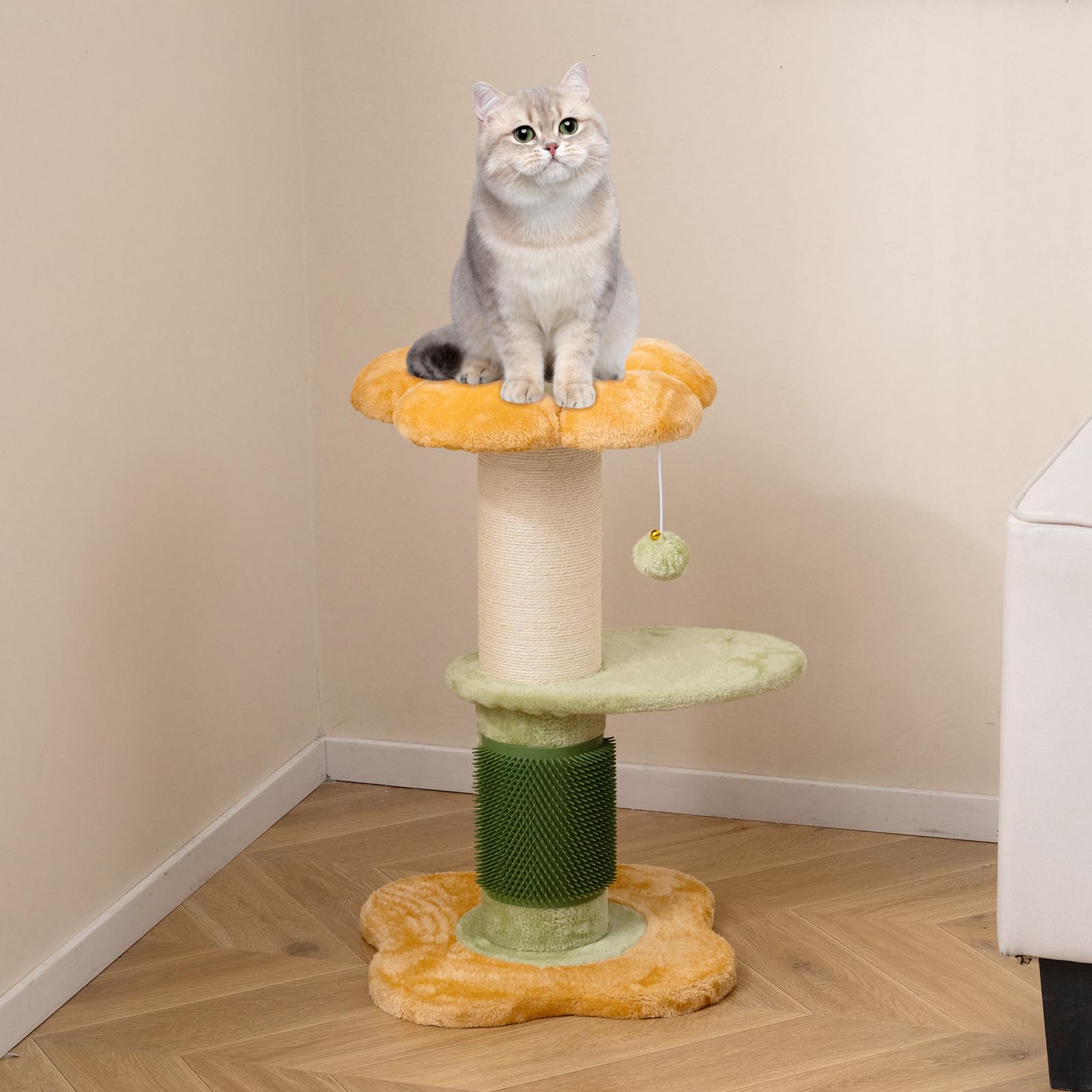 COSTWAY Árbol Rascador para Gatos 60cm, Diseño Flores, Torre Pequeña para Gatitos con Cama Acolchada de Tela Plush, Poste Rascador de Sisal, Bola Colgante, Árbol Pequño para Gatos, Interior (Amarillo)