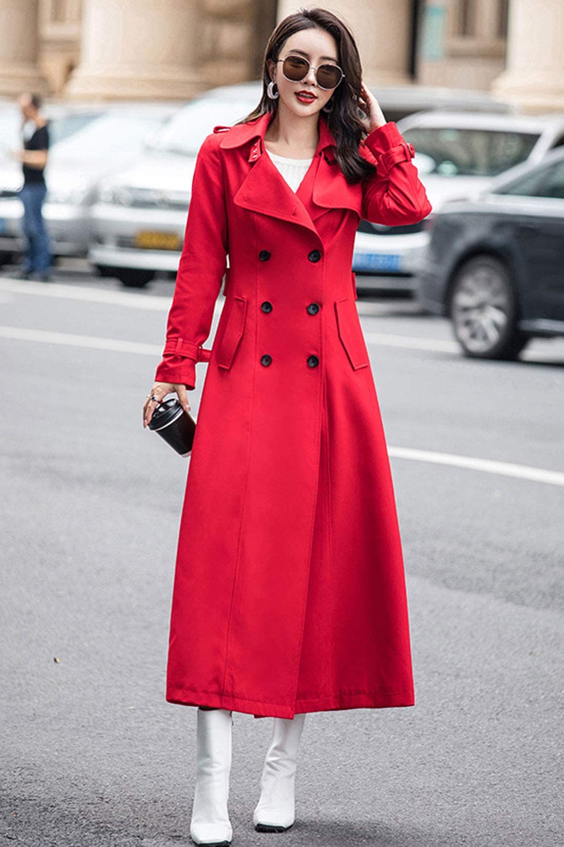 ebossy Women's Double Breasted Duster Trench Coat Slim Full Length Maxi Long Overcoat: Large Red