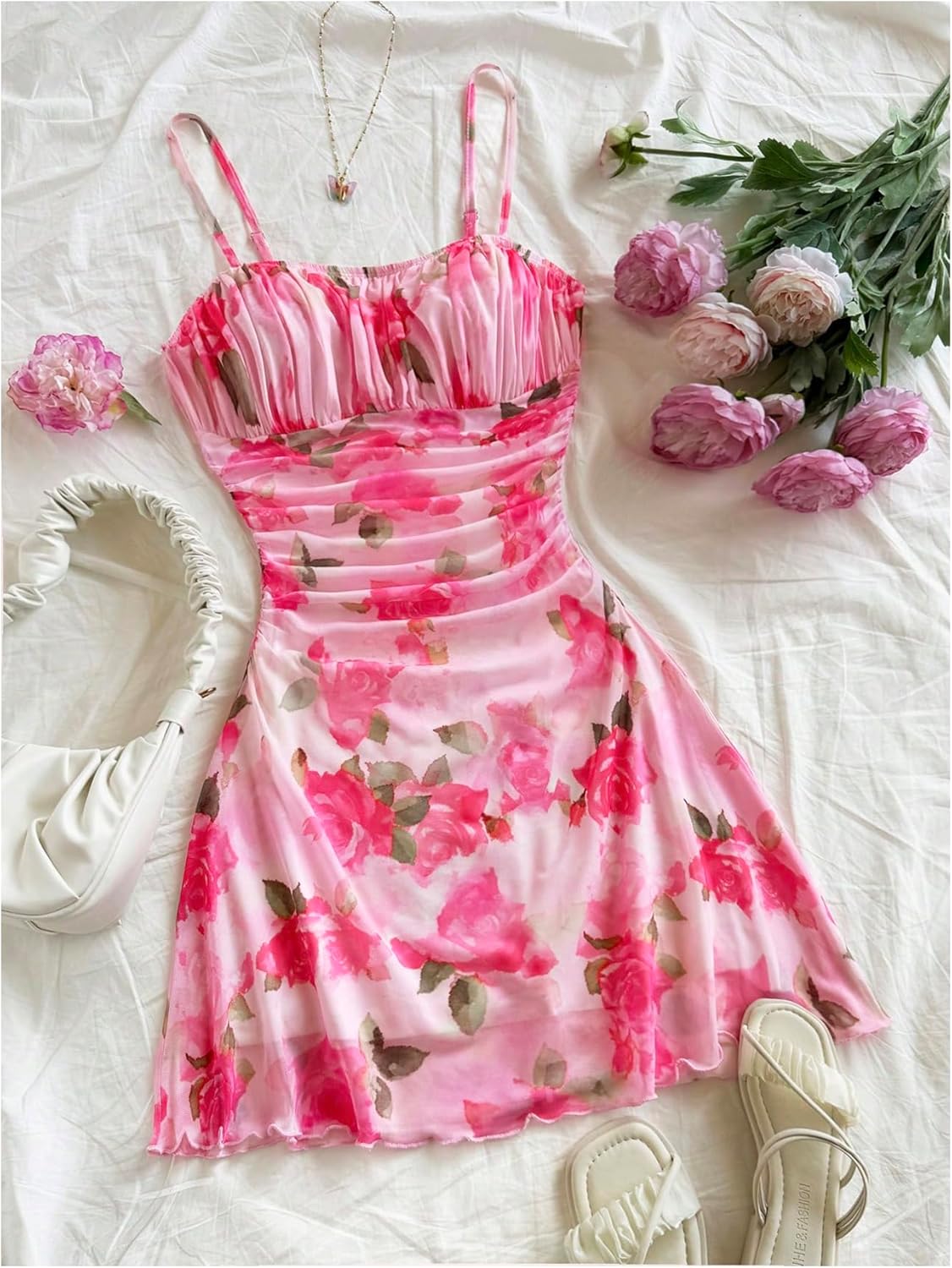 WDIRARA Women's Floral Print Ruched Cami Dress Spaghetti Strap Ruffle Hem Mesh Mini Dress - Image 5