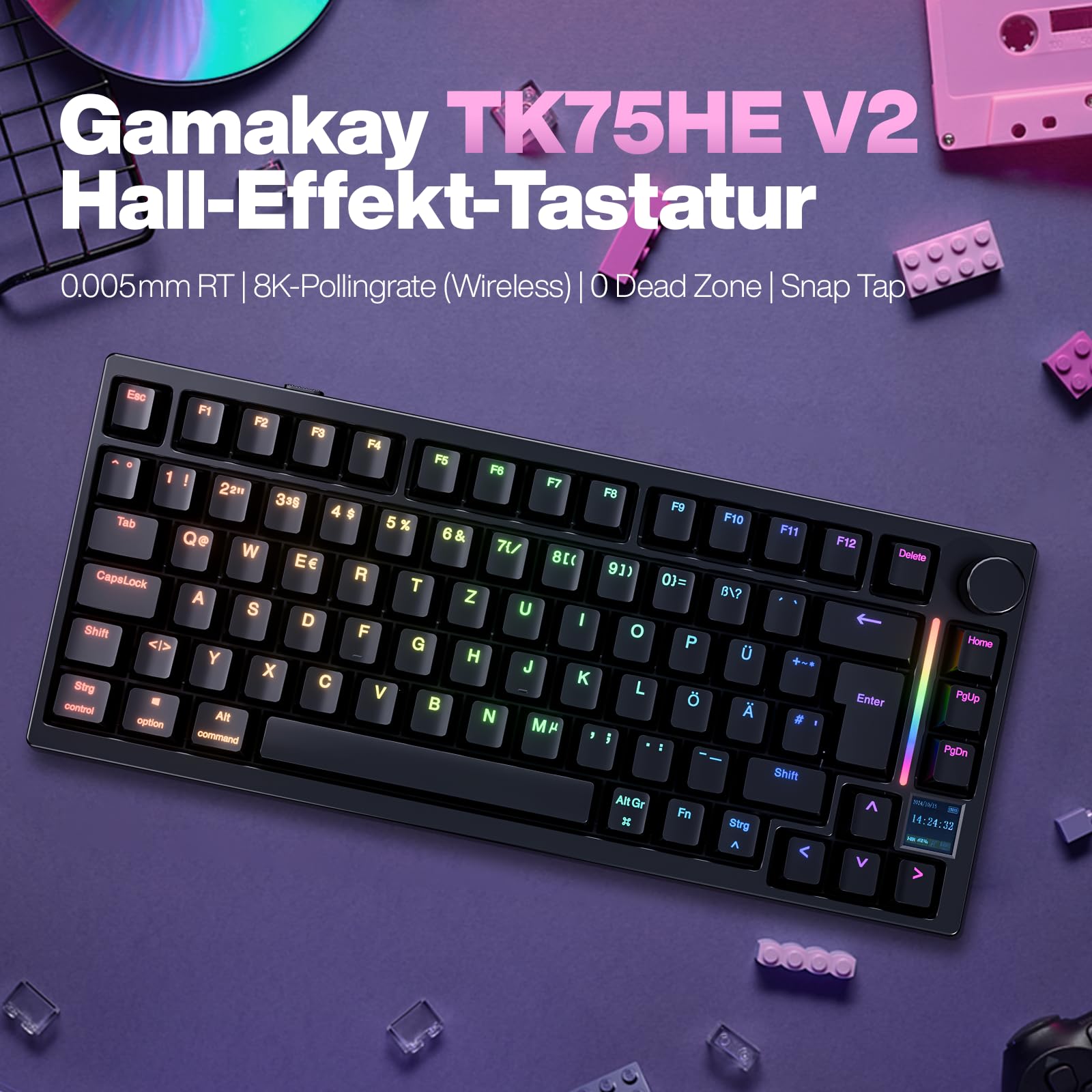 GK GAMAKAY TK75HE V2 75% Kabelloses Gaming Tastatur QWERTZ ISO-DE Layout TFT Bildschirm BT 2.4GHz USB-C 8KHz 0,005mm RT Hall Effekt Magnetschalter Schwarz