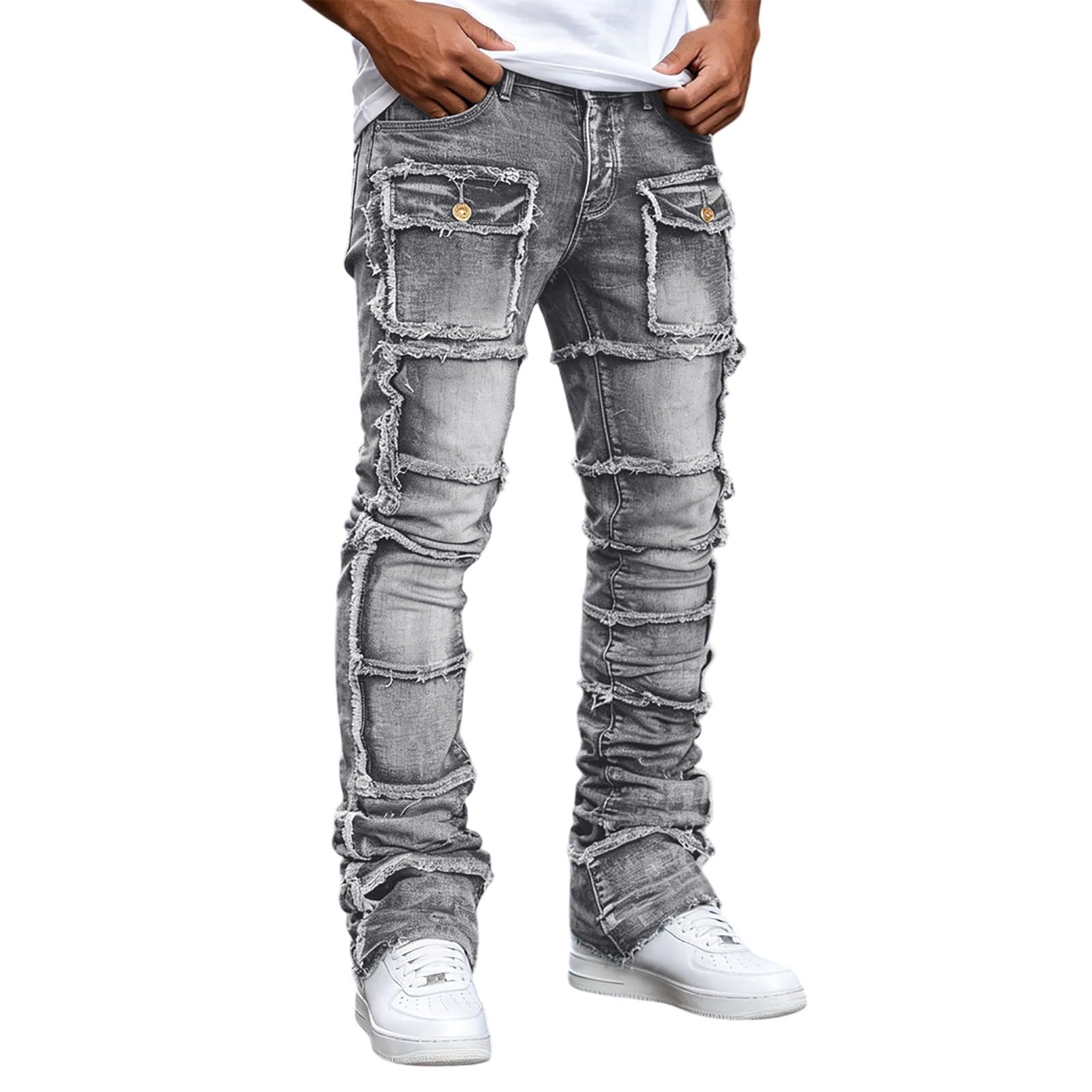 Jeans da uomo elasticizzati, slim fit, look usato, per il tempo libero, pantaloni lunghi strappati, comodi pantaloni in denim elasticizzati, stile punk, streetwear, hip hop, gamba larga, Harajuku