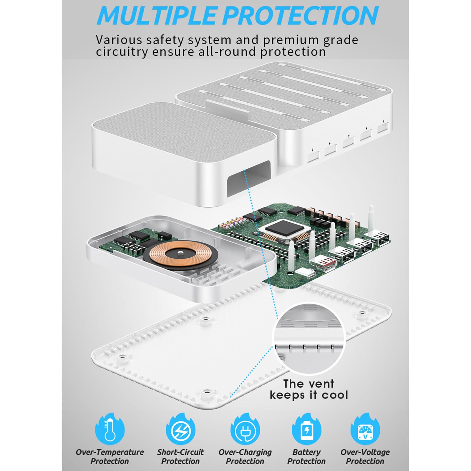 Cargador USB multipuerto, 60 W, 5 puertos + soporte de carga inalámbrico, con 5 soportes, adecuado para sistemas iOS y Android,Pink