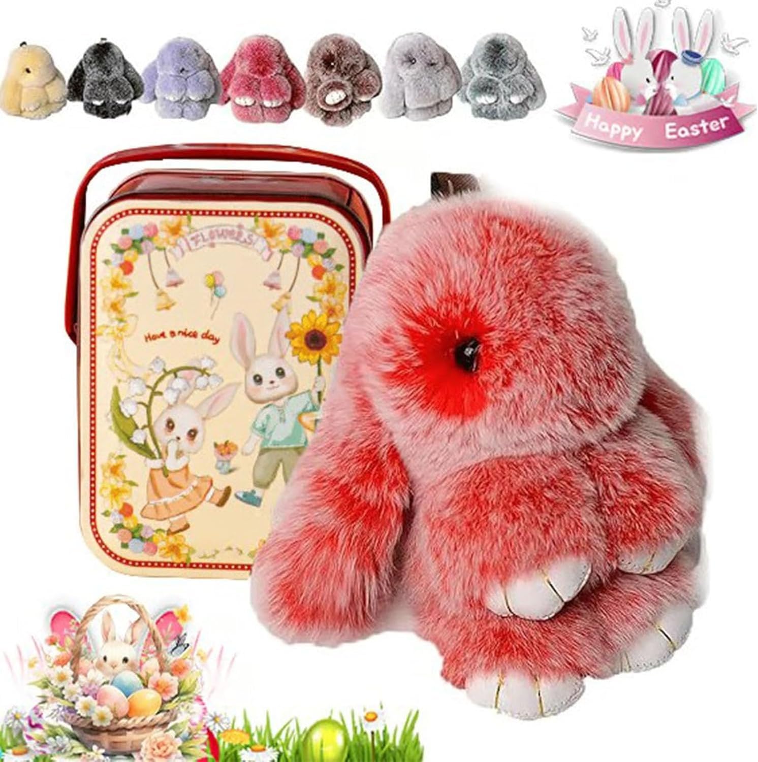 XIUNYIE Easter Bunny Plush Keychain in Iron Gift Tin, Fluffy Rabbit Keyring Kawaii Soft Furry Pendant for Handbag or Backpack Cute Decorative Charm, Birthday Christmas, #N