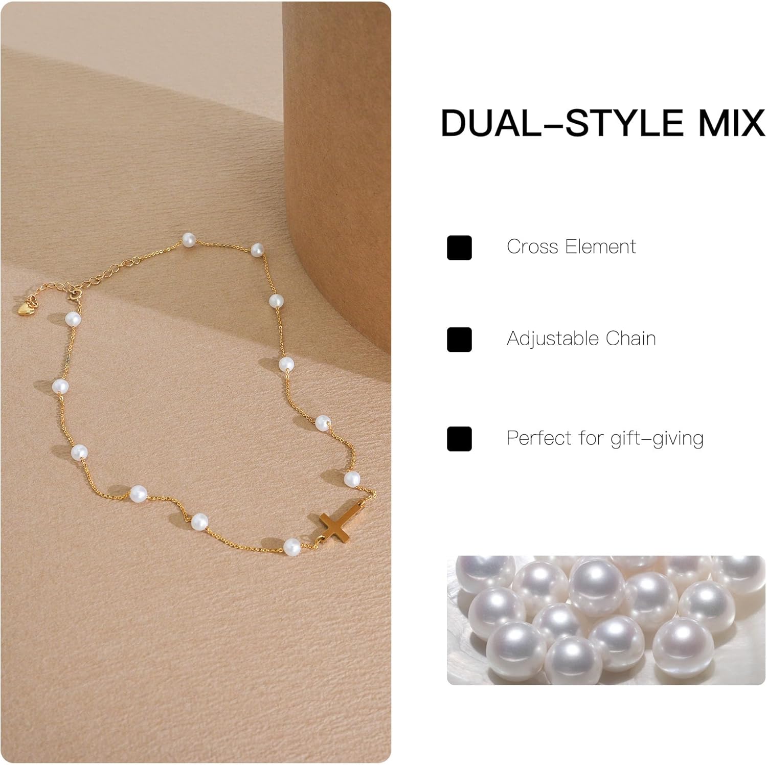 IDOKAWA Cross Pearl Choker Necklace for Women, Dainty Gold Starburst Cross Necklace with Freshwater Pearls, Gold Plated Cable Chain, Adjustable Minimalist Faith Jewelry for Daily Wear & Gifting
