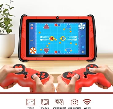 PRITOM 7 Inch Tablets, WiFi Tablets, 8GB RAM, Expandable 512GB, Tablet, Parental Control, Android 15, Sports Car Design, tablet PC with Two Gamepad(Red).