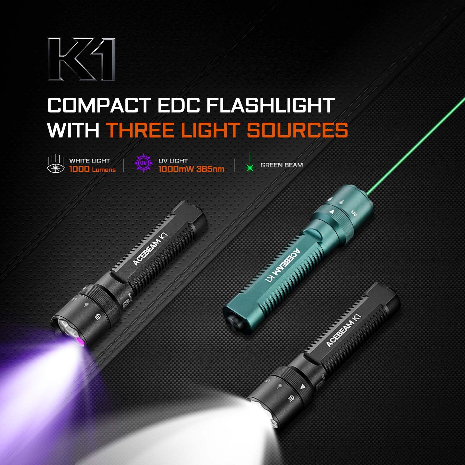 ACEBEAM K1 Linterna recargable EDC AA con haz verde, combo de LED UV y blanco, linterna de bolsillo de 1000 lúmenes altos, triple fuente, luz de flash pequeña superbrillante para emergencia, camping