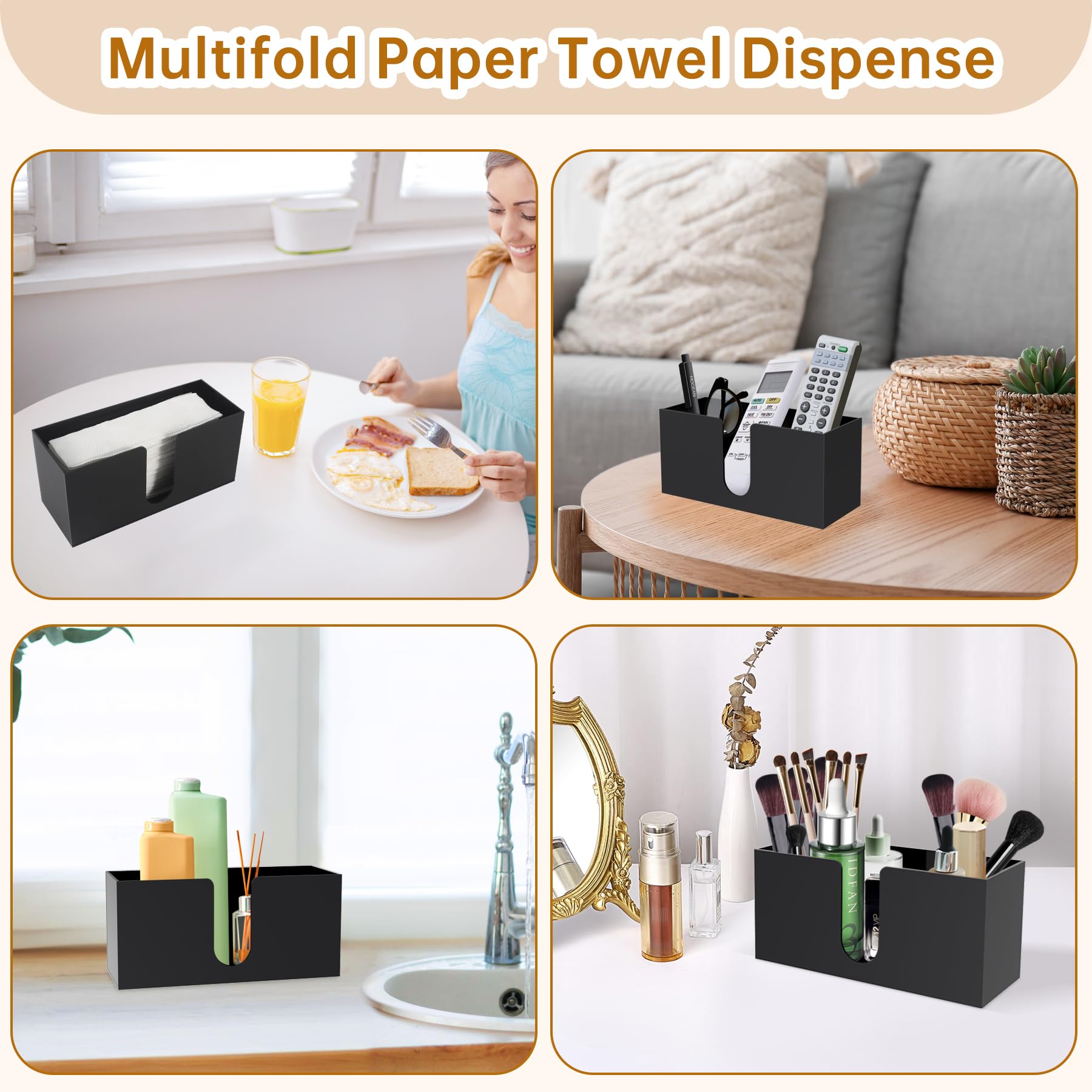 Soporte acrílico para toallas de papel para encimera, servilletero acrílico negro, dispensador de toallas de papel (3 mm) para toallas de papel plegables en C, plegado en Z o multipliegue para baño
