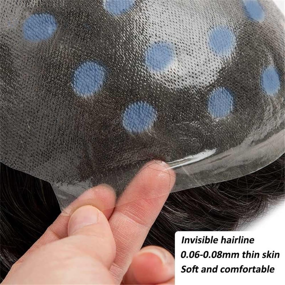 Tupet dla mężczyzn, niebieskie pasemka, prawdziwe włosy, 0,06 – 0,08 mm, podstawa z podwójnie wiązaną protezą męskich włosów (7 x 10)