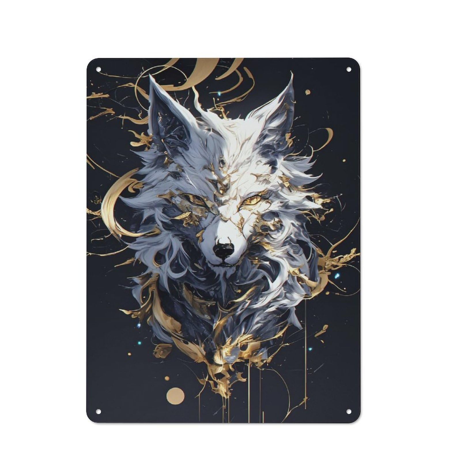 Junmoney Style-12 Garage Style Abstract Wolf Portrait With Gold Accents Retro Metal Sign 40X30cm, Workshop Wall Decor For Tool Room, Garage, Studio Or Home Bar
