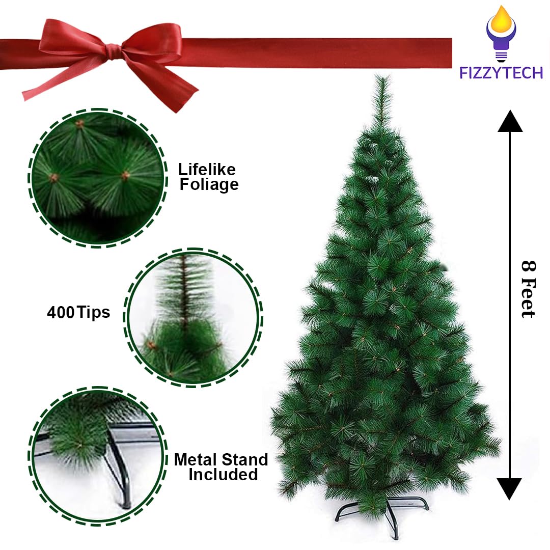 fizzytech 8 Feet Artificial Christmas Tree with 400 Tips | Pine Needle Leaf with Lifelike Foliage & Sturdy Metal Stand | Easy Assembly Perfect for Home Decor, Office & Christmas Decorations