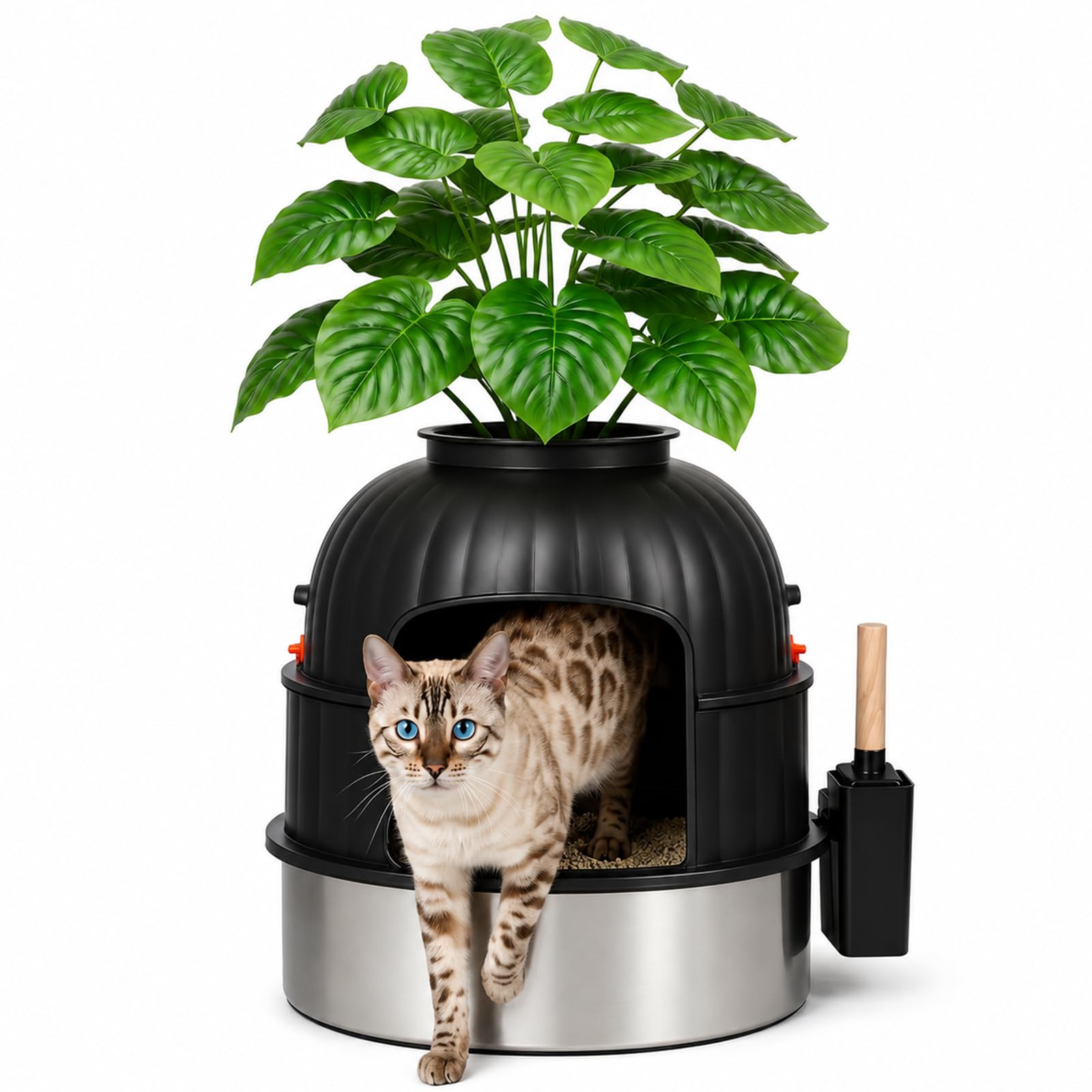 Klippehop Cat Litter Box, Stainless Steel Litter Tray with Faux Plant and Scoop, Decorative Round Cat Litter Box Enclosure, Odour Control and Easy Clean, Hidden Cat Litter Tray Home Decor (Black, L)